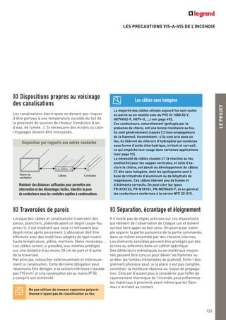 LEPROJET
123
LES PRECAUTIONS VIS-A-VIS DE L’INCENDIE
Dispositions propres au voisinage
des canalisations
Les canalisations électriques ne doivent pas risquer
d’être portées à une température nuisible du fait de
la proximité de sources de chaleur (conduites d’air,
d’eau, de fumée…). Si nécessaire des écrans ou calo-
rifugeages doivent être interposés.
Maintenir des distances suffisantes pour permettre une
intervention et des démontages faciles. Interdire la pose
de conducteurs sous les conduites sujettes à condensations.
Gaine de
ventilation
Câbles Conduites
Disposition par rapports aux autres conduites
Traversées de parois
Lorsque des câbles et canalisations traversent des
parois, planchers, plafonds ayant un degré coupe-feu
prescrit, il est impératif que ceux-ci retrouvent leur
degré initial après percement. L’obturation doit être
effectuée avec des matériaux adaptés de type mastic
haute température, plâtre, mortiers, fibres minérales…
Les câbles seront, si possible, eux-mêmes protégés
sur une distance d’au moins 20 cm de part et d’autre
de la traversée.
Par principe, reboucher extérieurement et intérieure-
ment la canalisation. Cette dernière obligation peut
néanmoins être dérogée si la section intérieure n’excède
pas 710 mm2
et si la canalisation est au moins IP 33,
y compris son extrémité.
Ne pas utiliser de mousse expansive polyuré-
thanne n’ayant pas de classification au feu.
La majorité des câbles utilisés aujourd’hui sont isolés
en partie ou en totalité avec du PVC (U 1000 R2 V,
H07VVH2-F, H07V-U, …) voir page 492.
Ces conducteurs, naturellement ignifugés par la
présence de chlore, ont une bonne résistance au feu.
Ils sont généralement classés C2 (non-propagateurs
de la flamme). Inconvénient : s’ils sont pris dans un
feu, ils libèrent du chlorure d’hydrogène qui condense
sous forme d’acide chlorhydrique, irritant et corrosif,
ce qui empêche leur usage dans certaines applications
(voir page 93).
La nécessité de câbles classés C1 (à réaction au feu
améliorée) pour les nappes verticales, et celle d’ex-
clure le chlore, ont abouti au développement de câbles
C1 dits sans halogène, dont les ignifugeants sont à
base de trihydrate d’aluminium ou de bihydrate de
magnésium. Ces câbles libèrent peu de fumée et
d’éléments corrosifs. On peut citer les types
FR-N1X1X2, FR-N1X1G1, FR-N07X4X5-F, et en général
les conducteurs conformes à la norme NFC 32-310.
Les câbles sans halogène
Séparation, écrantage et éloignement
Il n’existe pas de règles précises sur ces dispositions
qui relèvent de l’observation de chaque cas et doivent
surtout faire appel au bon sens. On pourra par exem-
ple séparer la partie puissance de la partie commande,
dans un même ensemble par des cloisons internes.
Les éléments sensibles peuvent être protégés par des
écrans ou enfermés dans un coffret spécifique.
Des déflecteurs métalliques ou en matériaux maçon-
nés peuvent être conçus pour dévier les flammes ou
arrêter les fumées (retombées de plafond). Enfin l’éloi-
gnement physique peut, si la place n’est pas comptée,
constituer la meilleure réponse au risque de propaga-
tion. Cela est d’autant plus à considérer que l’effet de
rayonnement thermique de l’incendie peut enflammer
les matériaux à proximité avant même que les flam-
mes n’arrivent au contact.
 