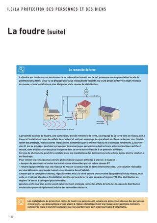 132
I . C / L A P R O T E C T I O N D E S P E R S O N N E S E T D E S B I E N S
La foudre (suite)
La foudre qui tombe sur un paratonnerre ou même directement sur le sol, provoque une augmentation locale du
potentiel de la terre. Celui-ci se propage alors aux installations voisines via leurs prises de terre et leurs réseaux
de masse, et aux installations plus éloignées via le réseau de distribution.
A proximité du choc de foudre, une surtension, dite de remontée de terre, se propage de la terre vers le réseau, soit à
travers l’installation (avec des effets destructeurs), soit par amorçage des parafoudres. Dans ce dernier cas, l’instal-
lation est protégée, mais d’autres installations alimentées par le même réseau ne le sont pas forcément. La surten-
sion U, qui se propage, peut alors provoquer des amorçages secondaires destructeurs entre conducteurs actifs et
masse, dans des installations plus éloignées dont la terre est référencée à un potentiel différent.
Ce type de phénomène peut être constaté dans les installations des bâtiments proches d’une église dont le clocher a
été foudroyé.
Pour limiter les conséquences de tels phénomènes toujours difficiles à prévoir, il faudrait :
- équiper de parafoudres toutes les installations alimentées par un même réseau BT
- rendre équipotentiels tous les réseaux de masse via des prises de terre interconnectées. Une solution réalisable
sur des bâtiments regroupés (usine), mais illusoire dans l’habitat.
A noter que le conducteur neutre, régulièrement mis à la terre assure une certaine équipotentialité du réseau, mais
celle-ci n’est pas étendue à l’installation dont les prises de terre sont séparées (régime TT). Une distribution en
régime TN serait à cet égard plus favorable.
Ajoutons enfin que bien qu’ils soient naturellement protégés contre les effets directs, les réseaux de distribution
souterrains peuvent également induire des remontées de terre.
La remontée de terre
Amorçage
secondaire
Remontée
de terre
Montée de potentiel locale de la terre
U
Installation Installation
Installation
Les installations de protection contre la foudre ne garantissent jamais une protection absolue des personnes
et des biens. Les dispositions prises visent à réduire statistiquement les risques en regard des éléments
considérés mais il faut être conscient qu’elles gardent une part incontournable d’empirisme.
 
