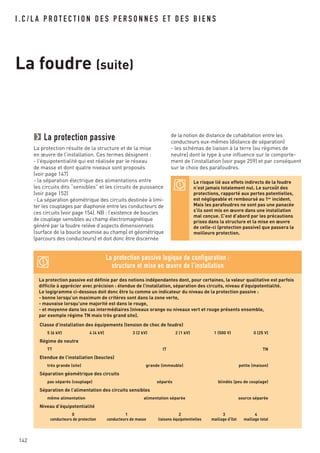 La protection passive est définie par des notions indépendantes dont, pour certaines, la valeur qualitative est parfois
difficile à apprécier avec précision : étendue de l’installation, séparation des circuits, niveau d’équipotentialité.
Le logigramme ci-dessous doit donc être lu comme un indicateur du niveau de la protection passive :
- bonne lorsqu’un maximum de critères sont dans la zone verte,
- mauvaise lorsqu’une majorité est dans le rouge,
- et moyenne dans les cas intermédiaires (niveaux orange ou niveaux vert et rouge présents ensemble,
par exemple régime TN mais très grand site).
La protection passive logique de configuration :
structure et mise en œuvre de l’installation
142
La protection passive
La protection résulte de la structure et de la mise
en œuvre de l’installation. Ces termes désignent :
- l’équipotentialité qui est réalisée par le réseau
de masse et dont quatre niveaux sont proposés
(voir page 147)
- la séparation électrique des alimentations entre
les circuits dits “sensibles” et les circuits de puissance
(voir page 152)
- La séparation géométrique des circuits destinée à limi-
ter les couplages par diaphonie entre les conducteurs de
ces circuits (voir page 154). NB : l’existence de boucles
de couplage sensibles au champ électromagnétique
généré par la foudre relève d’aspects dimensionnels
(surface de la boucle soumise au champ) et géométrique
(parcours des conducteurs) et doit donc être discernée
Classe d’installation des équipements (tension de choc de foudre)
5 (6 kV) 4 (4 kV) 3 (2 kV) 2 (1 kV) 1 (500 V) 0 (25 V)
Régime de neutre
TT IT TN
Etendue de l’installation (boucles)
très grande (site) grande (immeuble) petite (maison)
Séparation géométrique des circuits
pas séparés (couplage) séparés blindés (peu de couplage)
Séparation de l’alimentation des circuits sensibles
même alimentation alimentation séparée source séparée
Niveau d’équipotentialité
0 1 2 3 4
conducteurs de protection conducteurs de masse liaisons équipotentielles maillage d’îlot maillage total
de la notion de distance de cohabitation entre les
conducteurs eux-mêmes (distance de séparation)
- les schémas de liaison à la terre (ou régimes de
neutre) dont le type à une influence sur le comporte-
ment de l’installation (voir page 259) et par conséquent
sur le choix des parafoudres.
Le risque lié aux effets indirects de la foudre
n’est jamais totalement nul. Le surcoût des
protections, rapporté aux pertes potentielles,
est négligeable et remboursé au 1er
incident.
Mais les parafoudres ne sont pas une panacée
s’ils sont mis en œuvre dans une installation
mal conçue. C’est d’abord par les précautions
prises dans la structure et la mise en œuvre
de celle-ci (protection passive) que passera la
meilleure protection.
I . C / L A P R O T E C T I O N D E S P E R S O N N E S E T D E S B I E N S
La foudre (suite)
 
