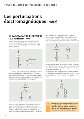 152
LA SEPARATION ELECTRIQUE
DES ALIMENTATIONS
L'alimentation commune des matériels a pour
conséquence de véhiculer les perturbations entre
ceux-ci. C'est le couplage galvanique ou par impé-
dance commune.
Le bon sens consiste de prime abord à ne pas alimen-
ter par la même ligne des appareils qui peuvent se
perturber mutuellement. Ce peut-être le cas d'appa-
reils perturbateurs (moteurs, postes de soudure…) et
d'appareils sensibles (radio, informatique…).
Attention! cette pratique d'alimentations séparées
(appareils en étoile) présente l'inconvénient de
diminuer l'équipotentialité des appareils entre eux si
celle-ci n'est assurée que par les conducteurs de
protection (niveau 0 de l'équipotentialité). Elle ne sera
2 donc réservée qu'à des appareils qui n'ont pas à
communiquer entre eux. Dans les cas de matériels
très sensibles ou fortement perturbateurs, on peut
être amené à séparer véritablement les alimentations.
Cette disposition peut se retrouver lorsque certaines
parties d'installation (devant fonctionner en sécurité)
sont alimentées par un onduleur ou par une source
de sécurité (voir page 38).
La pratique la plus aisée consiste en fait à alimenter
les appareils sensibles (généralement aussi les moins
puissants) par un transformateur de séparation de
circuit.
I . C / L A P R O T E C T I O N D E S P E R S O N N E S E T D E S B I E N S
Les perturbations
électromagnétiques (suite)
Source
de perturbation
Victime
M
M
M
M
La séparation de circuit par un transformateur
est en premier lieu destinée à assurer la
protection contre les contacts indirects (voir
page 66) mais on peut aussi utiliser le trans-
formateur comme un filtre d'alimentation.
 