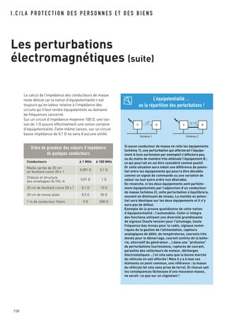 158
I . C / L A P R O T E C T I O N D E S P E R S O N N E S E T D E S B I E N S
Les perturbations
électromagnétiques (suite)
Le calcul de l’impédance des conducteurs de masse
reste délicat car la notion d’équipotentialité n’est
toujours qu’en valeur relative à l’impédance des
circuits qu’il faut rendre équipotentiels au domaine
de fréquences concerné.
Sur un circuit d’impédance moyenne 100 O, une liai-
son de 1 O assure effectivement une notion certaine
d’équipotentialité. Cette même liaison, sur un circuit
basse impédance de 0,1 O ne sera d’aucune utilité.
Si aucun conducteur de masse ne relie les équipements
(schéma 1), une perturbation qui affecterait l’équipe-
ment A (une surtension par exemple) n’affectera pas,
ou du moins de manière très atténuée l’équipement B ;
ce qui pourrait en soi être considéré comme positif.
Or cette situation aura induit une différence de poten-
tiel entre les équipements qui pourra être décodée
comme un signal de commande ou une variation de
valeur ou tout autre ordre non désirable.
En revanche, si les deux équipements sont parfaite-
ment équipotentiels par l’adjonction d’un conducteur
de masse (schéma 2), cette perturbation s’équilibrera,
souvent en diminuant de niveau. La montée en poten-
tiel sera identique sur les deux équipements et il n’y
aura pas de défaut.
Exemple de la preuve quotidienne de cette notion
d’équipotentialité : l’automobile. Celle-ci intègre
des fonctions utilisant une diversité grandissante
de signaux (haute tension pour l’allumage, haute
fréquence bas niveau pour la radio, signaux numé-
riques de la gestion de l’alimentation, capteurs
analogiques de débit, de températures, courants très
élevés pour le démarrage, courant continu de la batte-
rie, alternatif du générateur…) dans une “profusion”
de perturbations (surtensions, ruptures de courant,
parasites des collecteurs de moteur, décharges
électrostatiques…) et cela sans que la bonne marche
du véhicule en soit affectée! Mais il y a à tous ces
éléments un point commun, une référence : la masse
du véhicule (et cela sans prise de terre). Et chacun sait
les conséquences fâcheuses d’une mauvaise masse,
ne serait-ce que sur un clignotant !
L’équipotentialité…
ou la répartition des perturbations !
U U = 0
A B A B
Schéma 1 Schéma 2
Conducteurs à 1 MHz à 100 MHz
Maille carrée de 20 cm
en feuillard cuivre 20 x 1
0,001 O 0,1 O
Châssis et structure
des enveloppes XL3
/XL-A
0,01 O 1 O
20 cm de feuillard cuivre 20 x 1 0,1 O 10 O
20 cm de tresse plate 0,5 O 50 O
1 m de conducteur filaire 5 O 500 O
Ordre de grandeur des valeurs d’impédance
de quelques conducteurs
 