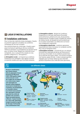 Plusieurs classifications
des climats existent.
Celle du géographe français
Emmanuel de Martonne
(1873-1955) qualifie chaque
climat local par le nom
de la région qui correspond
à ce climat et pour lequel
sont regroupées les
données météorologiques
concernant la température,
l’insolation, les précipitations
et l’humidité relative.
Les climats locaux peuvent
être regroupés en grands
types dont les ordres de
grandeur des caractéris-
tiques sont généralement
suffisants : tropical humide,
sec, semi-aride, désertique,
tempéré humide (la majorité
de l’Europe), froid humide,
froid, extrêmement froid.
LES CONDITIONS D’ENVIRONNEMENT
LEPROJET
165
Installations extérieures
Pour le choix des matériels et des enveloppes, il faudra
en première approche considérer les conditions
climatiques du lieu (voir encadré).
Aux caractéristiques du climat type, il faudra super-
poser les facteurs spécifiques liés aux conditions
mêmes d’utilisation ou d’installation qui peuvent varier
pour un même climat. Malgré leur diversité et leur
complexité, ceux-ci peuvent être classés en cinq
grandes catégories ou “atmosphères”.
■ Atmosphère rurale : correspond aux conditions
d’exposition à la campagne, sans agents corrosifs
en quantité notable autre que l’humidité ambiante.
Tropical humide
Guinéen - Océanien
Annamien - Soudanien
Bengalien - Hawaïen
Sec
Ukrainien - Patagonien
Syrien - Turkmène
Semi-aride
Sénégalien - Aralien
Désertique
Péruvien - Saharien
Pendjabien
Tempéré humide
Hellène - Danubien - Lorrain
Breton - Norvégien - Portugais
Cantonnais
Froid humide
Missourien - Polonais
Acadien - Sibèrien
Mandchourien - Yakoute
Froid
Spitbergien - Islandien
Toundra
Arctique - Islandien
Antarctique - Angarien
Montagne
Alpin - Atlasique - Himalayen
Tibétain - Bolivien - Mexicain
Colombien
LIEUX D’INSTALLATIONS1
■ Atmosphère urbaine : désigne les conditions
d’exposition en ville avec alternance d’humidité
et de sécheresse, présence de suies, de poussières,
d’hydrocarbures, d’oxydes d’azote, d’oxydes de carbone,
de métaux lourds, de dioxyde de soufre produits par
la circulation automobile. Les effets de la corrosion
sont notablement augmentés.
■ Atmosphère industrielle : conditions agressives
essentiellement dues à la teneur en composés soufrés
(H2S, SO2) et halogénés (HCl).
■ Atmosphère maritime : caractérisée par une attaque
corrosive très importante du fait du sel (chlorures) et
du fort taux d’humidité. Si ces conditions existent bien
sûr en bord de mer (quais, jetées…) et a fortiori en pleine
mer (navires, plates-formes…), elles ne doivent pas être
négligées pour la frange côtière qui peut atteindre
plusieurs kilomètres sous l’effet des vents dominants.
Les différents climats
 