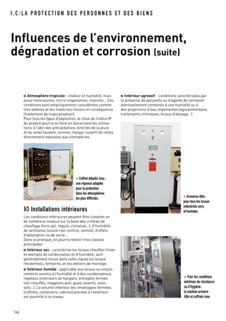■ Atmosphère tropicale : chaleur et humidité, mais
aussi moisissures, micro-organismes, insectes… Ces
conditions sont empiriquement considérées comme
très sévères et les matériels choisis en conséquence
(traitement de tropicalisation).
Pour tous les types d’exposition, le choix de l’indice IP
du produit pourra se faire en discernant les utilisa-
tions à l’abri des précipitations directes de la pluie
et du soleil (auvent, larmier, hangar ouvert) de celles
directement exposées aux intempéries.
Installations intérieures
Les conditions intérieures peuvent être classées en
de nombreux niveaux sur la base des critères de
chauffage (hors gel, régulé, climatisé…), d’humidité,
de ventilation (souterrain confiné, ventilé), d’effets
d’absorption ou de serre…
Dans la pratique, on pourra retenir trois classes
principales.
■ Intérieur sec : caractérise les locaux chauffés l’hiver
et exempts de condensation et d’humidité; sont
généralement inclus dans cette classe les locaux
résidentiels, tertiaires, et les ateliers de montage.
■ Intérieur humide : applicable aux locaux ou empla-
cements soumis à l’humidité et à des condensations
répétées (intérieurs de hangars, entrepôts fermés
non chauffés, magasins avec quais ouverts, sous-
sols…). Le volume intérieur des enveloppes fermées
(coffrets, containers, cabines) placées à l’extérieur
est assimilé à ce niveau.
■ Intérieur agressif : conditions caractérisées par
la présence de polluants ou d’agents de corrosion
éventuellement combinés à une humidité ou à
des projections d’eau importantes (agroalimentaire,
traitements chimiques, locaux d’élevage…).
I . C / L A P R O T E C T I O N D E S P E R S O N N E S E T D E S B I E N S
Influences de l’environnement,
dégradation et corrosion (suite)
166
< Coffret Atlantic Inox :
une réponse adaptée
pour la protection
dans les atmosphères
les plus difficiles.
< Pour les conditions
extrêmes de résistance
ou d’hygiène :
la solution armoire
Altis et coffrets inox.
< Armoires Altis :
pour tous les locaux
industriels secs
et humides
 