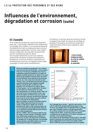 L’humidité
Si les modes de transport de l’eau (chute de gouttes,
pluie, jets…) sont faciles à identifier et les moyens pour
s’en protéger bien codifiés, il n’en est pas de même de
l’humidité de l’air dont la condensation peut entraîner
des dommages imprévisibles. A terme, l’eau conden-
sée peut représenter des quantités insoupçonnées
avec les conséquences que l’on devine.
Ceci est particulièrement vrai pour les matériels
soumis à des variations cycliques de température.
A l’extérieur, ce sont les variations saisonnières, le
refroidissement nocturne, un orage par temps chaud,
le passage à l’ombre après l’ensoleillement…
A l’intérieur, ce sont les cycles de marche et d’arrêt,
le lavage à l’eau froide, la coupure du chauffage en
période d’inoccupation, les écarts de température
importants dans certains locaux (papeterie, agro-
alimentaire…).
I . C / L A P R O T E C T I O N D E S P E R S O N N E S E T D E S B I E N S
Influences de l’environnement,
dégradation et corrosion (suite)
170
< Essai en enceinte
climatique permettant
de recréer les conditions
d’humidité et
de condensation
Parmi ses nombreux composants, l’air contient
aussi de l’eau sous forme de gaz : c’est la vapeur
d’eau qu’il ne faut pas confondre avec l’eau en
suspension comme le brouillard ou la buée. On
appelle humidité absolue Q, la masse d’eau sous
forme de gaz (vapeur) contenue dans une quan-
tité d’air donnée. Q est exprimé en kg d’eau par
kg d’air sec. Une masse d’air donnée ne peut
contenir, pour une température donnée, qu’une
quantité maximale d’eau appelée humidité
absolue maximale QM. Au-delà de cette
quantité, l’air est saturé et la vapeur passe
à l’état liquide, c’est la condensation. Ce point
de saturation est nommé point de rosée
(par assimilation à la rosée du matin). Plus l’air
est chaud et plus il peut contenir d’eau sous
forme de vapeur. On définit ainsi une courbe
dite courbe de rosée qui caractérise la quantité
d’eau sous forme de vapeur que peut contenir
l’air en fonction de la température.
Dans la pratique, le terme d’humidité relative
HR (ou degré hygrométrique) est souvent
utilisé ; il exprime le rapport (en %) de la
quantité Q de vapeur d’eau présente dans l’air
à une température donnée (humidité absolue)
sur la quantité maximale QM que peut contenir
l’air à cette température.
HR (%) = Q/QM x 100. Connaissant QM (courbe
de rosée), on peut calculer l’humidité relative
pour différentes températures et définir un
réseau de courbes, dit diagramme de Mollier.
On constate sur ce réseau que pour une humidité
absolue donnée, l’humidité relative est inverse-
ment proportionnelle à la température.
Sur l’exemple de la courbe : 1 kg d’air (soit environ 1 m3)
à 30°C et 80% HR contient 0,022 kg de vapeur d’eau.
Si cet air est chauffé à 35°C, la quantité d’eau ne change
pas, mais l’humidité relative n’est plus que de 60%.
Si ce même volume d’air est refroidi à 27 °C, l’humidité
relative est de 100 %, le point de rosée est atteint.
La différence de température (3 °C dans l’exemple) est
nommée “écart psychrométrique”.
Si ce même air est maintenant refroidi à 20°C, l’humidité
absolue maximale sera maintenant de 0,015 kg. Il y aura
donc condensation d’une masse d’eau égale à 0,022 -
0,015 = 0,007 kg, et qui sera passée sous forme liquide.
0,040
0,035
0,030
0,025
0,022
0,020
0,015
0,010
0,008
0,006
0,004
0,002
0 10 20 30 3527 40 50
10%
20%
30%
40%
50%
60%
70%
90%
80%
100%
0,045
Humidité absolue
(kg d'eau/kg d'air sec)
Température de l'air (°C)
Courbe de rosée
 