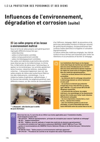 Les salles propres et les locaux
à environnement maîtrisé
Sous le terme de salles propres sont génériquement
regroupés différents locaux tels que :
- salles blanches
- salles à contamination contrôlée
- salles à empoussièrement contrôlé
- salles microbiologiquement contrôlées.
Ces salles sont destinées à permettre des activités
aussi diverses que la microélectronique, la chimie
fine, la fabrication de pièces pour l'aéronautique, le
spatial, la micromécanique. Les activités agroalimen-
taires (cuisines, industries laitières, restauration
collective….) nécessitent également, bien sûr, des
salles propres de même que la pharmacie (fabrica-
tion des médicaments, cosmétologie…) ou la
médecine (salles d'opérations, ophtalmologie…)
En fonction des activités, les exigences porteront, avec
différents niveaux, sur des notions de renouvellement
d'air (diffusion, balayage, débit), de poussières et de
particules admissibles (nombre et taille par volume),
de qualité bactériologique, d'empoussièrement des
surfaces (salles blanches) et d'hygiène à l'utilisation
(agroalimentaire).
La nature même des matériaux employés, leur état de
surface et leurs formes sont essentiels pour éviter les
rétentions et accumulations et faciliter le nettoyage.
I . C / L A P R O T E C T I O N D E S P E R S O N N E S E T D E S B I E N S
Influences de l’environnement,
dégradation et corrosion (suite)
178
^ L'ultrapropreté : salles blanches pour le contrôle
des puces électroniques
Les installations électriques ou les équipe-
ments électriques de machine qui sont présents
dans les zones d'éclaboussures et a fortiori
dans les zones alimentaires doivent respecter
les règles de construction et d'hygiène applica-
bles aux matériels agroalimentaires :
- toutes les surfaces doivent être facilement
accessibles
- les éléments dont le nettoyage nécessitent
le démontage doivent se retirer facilement
et sans outil
- les surfaces ne doivent pas présenter
d'aspérités et leur état doit être au moins
égal à N8 (Ra = 3,2 µm) suivant NFE 05-051
(Rugotest visotactile).
- la continuité des surfaces, les angles
intérieurs, les assemblages et les ajustements
doivent être traités pour éviter toute rétention
difficilement nettoyable
- les vis à empreintes creuses (torx, cruci-
forme…) doivent être évitées
- pour les machines posées au sol et non
amovibles, un joint d'étanchéité doit éviter
toute infiltration entre les socles fixes et le sol.
Dans tous les cas, il y aura lieu de se référer aux textes applicables pour l'installation étudiée,
parmi lesquels on peut citer :
- XPU 60-010 : “Matériel agroalimentaire : principes de conception pour assurer l’aptitude au nettoyage”
- NF 031 : “Hygiène alimentaire”
- NF 032 : “Hygiène, sécurité, aptitude à l’emploi des matériels du domaine agroalimentaire”
- circulaires du ministère de l'agriculture notamment DQ/SVHA/ C.80/N° 8082 du 27 juin 1980
- guides et recommandations du CNERPAC (Centre National d'Etudes et de Recherches pour l'Alimentation
Collective)
- NF EN ISO 14644 : “Salles propres et environnements maîtrisés apparents”
- NFS 90-351 : “Procédures de contrôle et de réception des salles d'opérations”
 