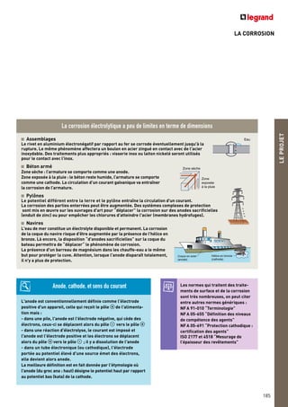 Assemblages
Le rivet en aluminium électronégatif par rapport au fer se corrode éventuellement jusqu'à la
rupture. Le même phénomène affectera un boulon en acier zingué en contact avec de l'acier
inoxydable. Des traitements plus appropriés : visserie inox ou laiton nickelé seront utilisés
pour le contact avec l'inox.
Béton armé
Zone sèche : l’armature se comporte comme une anode.
Zone exposée à la pluie : le béton reste humide, l’armature se comporte
comme une cathode. La circulation d’un courant galvanique va entraîner
la corrosion de l’armature.
Pylônes
Le potentiel différent entre la terre et le pylône entraîne la circulation d'un courant.
La corrosion des parties enterrées peut être augmentée. Des systèmes complexes de protection
sont mis en œuvre sur les ouvrages d'art pour “déplacer” la corrosion sur des anodes sacrificielles
(enduit de zinc) ou pour empêcher les chlorures d'atteindre l'acier (membranes hydrofuges).
Navires
L'eau de mer constitue un électrolyte disponible et permanent. La corrosion
de la coque du navire risque d'être augmentée par la présence de l'hélice en
bronze. Là encore, la disposition “d'anodes sacrificielles” sur la coque du
bateau permettra de “déplacer“ le phénomène de corrosion.
La présence d'un barreau de magnésium dans les chauffe-eau a le même
but pour protéger la cuve. Attention, lorsque l'anode disparaît totalement,
il n'y a plus de protection.
LA CORROSION
LEPROJET
185
+
+
– –
Eau
++++
Zone sèche
Zone
exposée
à la pluie
++++
- - - -
Hélice en bronze
(cathode)
Coque en acier
(anode)
L'anode est conventionnellement définie comme l'électrode
positive d'un appareil, celle qui reçoit le pôle + de l'alimenta-
tion mais :
- dans une pile, l'anode est l'électrode négative, qui cède des
électrons, ceux-ci se déplacent alors du pôle - vers le pôle +
- dans une réaction d'électrolyse, le courant est imposé et
l'anode est l'électrode positive et les électrons se déplacent
alors du pôle + vers le pôle - ; il y a dissolution de l'anode
- dans un tube électronique (ou cathodique), l'électrode
portée au potentiel élevé d'une source émet des électrons,
elle devient alors anode.
La meilleure définition est en fait donnée par l'étymologie où
l'anode (du grec ana : haut) désigne le potentiel haut par rapport
au potentiel bas (kata) de la cathode.
La corrosion électrolytique a peu de limites en terme de dimensions
Anode, cathode, et sens du courant Les normes qui traitent des traite-
ments de surface et de la corrosion
sont très nombreuses, on peut citer
entre autres normes génériques :
NFA 91-010 “Terminologie”
NFA 05-655 “Définition des niveaux
de compétence des agents”
NFA 05-691 “Protection cathodique :
certification des agents”
ISO 2177 et 4518 “Mesurage de
l’épaisseur des revêtements”
 