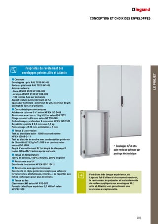 CONCEPTION ET CHOIX DES ENVELOPPES
LEPROJET
205
Couleurs
Enveloppes : gris RAL 7035 841-GL
Socles : gris foncé RAL 7021 841-GL
Autres couleurs :
- bleu AFNOR 2525 NF X08-002
- orange AFNOR 2130 NF X08-002
- 180 teintes RAL sur demande
Aspect texturé satiné (brillant 60 %)
Epaisseur nominale : extérieur 80 µm, intérieur 60 µm
Exempt de TGIC et d'amiante.
Caractéristiques mécaniques
Adhérence : classe 0 à 1 selon NF EN ISO 2409
Résistance aux chocs : 1 kg à 0,5 m selon ISO 7272
Pliage : mandrin Ø 6 mm selon NFT30-040
Emboutissage : profondeur 8 mm selon NF EN ISO 1520
Rayabilité : pointe Ø 0,5 mm sous 1,5 kg
Poinçonnage : Ø 20 mm, exfoliation < 1 mm
Tenue à la corrosion
Test au brouillard salin : 1000 h suivant norme
NF EN60068-2-11
Test au dioxyde de soufre avec condensation générale
de l’humidité (18,5 g/m3) : 500 h en continu selon
norme ISO 6988
Degré d'enrouillement Ri 1 et degré de cloquage 0
(selon ISO 4628/1) admis après les tests.
Tenue en température
100°C en continu, 150°C 3 heures, 200°C en point
Résistance aux UV
Excellente (test selon NF EN ISO 11341)
Résistance aux agents chimiques
Excellente en règle générale excepté aux solvants
forts (cétones, aliphatiques, chlorés…) se reporter aux
fiches techniques pour plus de détails.
Tenue au feu
Classement M0 selon NF P92-507
Pouvoir calorifique supérieur 2,1 MJ/m2 selon
NF P92-510
Propriétés du revêtement des
enveloppes peintes Altis et Atlantic
Enveloppes XL3 et Altis,
acier revêtu de polyester par
poudrage électrostatique
Fort d'une très longue expérience, où
Legrand fut d'ailleurs très souvent novateur,
le revêtement de polyester et les traitements
de surface appliqués aux enveloppes XL3,
Altis et Atlantic leur garantissent une
résistance exceptionnelle.
<
 