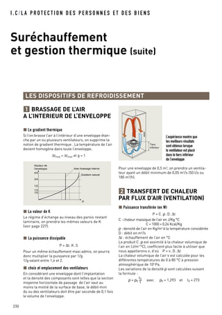 I . C / L A P R O T E C T I O N D E S P E R S O N N E S E T D E S B I E N S
Suréchauffement
et gestion thermique (suite)
230
LES DISPOSITIFS DE REFROIDISSEMENT
BRASSAGE DE L’AIR
A L’INTERIEUR DE L‘ENVELOPPE
Le gradient thermique
Si l’on brasse l’air à l’intérieur d’une enveloppe étan-
che par un ou plusieurs ventilateurs, on supprime la
notion de gradient thermique . La température de l’air
devient homogène dans toute l’enveloppe.
∆tmoy = ∆tmax et g = 1
1
Hauteur de
l'enveloppe Avec brassage interne
Gradient naturel
4/4
3/4
1/2
1/3
1/4
∆t
La valeur de K
Le régime d’échange au niveau des parois restant
laminaire, on prendra les mêmes valeurs de K
(voir page 227).
La puissance dissipable
P = ∆t.K.S
Pour un même échauffement maxi admis, on pourra
donc multiplier la puissance par 1/g.
1/g valant entre 1,4 et 2.
choix et emplacement des ventilateurs
En considérant une enveloppe dont l’implantation
et la densité des composants sont telles que la section
moyenne horizontale de passage de l’air vaut au
moins la moitié de la surface de base, le débit mini
du ou des ventilateurs doit être par seconde de 0,1 fois
le volume de l’enveloppe.
Pour une enveloppe de 0,5 m3
, on prendra un ventila-
teur ayant un débit minimum de 0,05 m3
/s (50 l/s ou
180 m3
/h).
Tiers
inférieur
TRANSFERT DE CHALEUR
PAR FLUX D’AIR (VENTILATION)
Puissance transférée (en W)
P = C.ρ.D.∆t
C : chaleur massique de l’air en J/Kg °C
C = 1000 = 0,24 Kcal/Kg
ρ : densité de l’air en Kg/m3
à la température considérée
D : débit en m3
/s
∆t : échauffement de l’air en °C
Le produit C.ρ est assimilé à la chaleur volumique de
l’air en (J/m3
°C), coefficient plus facile à utiliser que
nous appellerons ν, d’où P = ν.D.∆t
La chaleur volumique de l’air ν est calculée pour les
différentes températures de 0 à 80 °C à pression
atmosphérique de 105
Pa.
Les variations de la densité ρ sont calculées suivant
la formule :
ρ = ρ0
t0
––
t
avec ρ0 = 1,293 et t0 = 273
2
L’expérience montre que
les meilleurs résultats
sont obtenus lorsque
le ventilateur est placé
dans le tiers inférieur
de l’enveloppe
 
