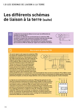 I . D / L E S S C H E M A S D E L I A I S O N A L A T E R R E
Les différents schémas
de liaison à la terre (suite)
244
La détection de courants de défaut à la terre par tore différentiel est
interdite en schéma TN-C.
En revanche une détection de surintensité dans le conducteur PEN
entraînant la coupure des conducteurs de phase (mais pas celle du PEN)
peut être réalisée en plaçant un tore homopolaire sur la liaison
neutre/PEN du transformateur. Cette détection est d’autant nécessaire
que la section du PEN est réduite par rapport aux conducteurs de phase.
En cas de rupture ou de coupure du conducteur PEN,
les masses de l’installation pourront être portées au
potentiel de la tension U0. C’est pourquoi le conduc-
teur PEN ne doit pas pouvoir être interrompu par un
dispositif quelconque (sectionnement, protection,
arrêt d’urgence). Dans ce même souci de continuité,
sa section minimale ne pourra être inférieure à
10 mm2 en cuivre et 16 mm2 en aluminium pour
garantir une résistance mécanique suffisante.
La sécurité liée à la limitation de l’élévation en
potentiel des masses repose en schéma TN sur le
raccordement au conducteur de protection dont il
importe de s’assurer que le potentiel reste le plus
proche possible de la terre. C’est pourquoi, il est recommandé de relier à la terre le conducteur PE ou PEN en autant
de points que possible et au minimum au niveau des transformateurs d’alimentation du tableau général (liaison équi-
potentielle principale), au niveau de chaque bâtiment, voire au niveau de chaque groupe de circuits d’utilisation.
La règle de non-sectionnement du conducteur PEN peut être gênante lors des
mesures d’isolement notamment du transformateur HTA/BT. En effet la coupure
du conducteur de terre ne permet pas d’isoler totalement les enroulements qui
sont toujours reliés au conducteur PEN, lui-même relié à la terre par les
conducteurs de protection ou les liaisons équipotentielles de l’installation. Pour
permettre le sectionnement momentané du conducteur PEN, il convient d’instal-
ler un appareil sectionneur à 4 pôles (ou mieux 3P + N décalé). Le pôle du
conducteur PEN sera court-circuité par un conducteur vert/jaune de même
section. Ce conducteur est déconnecté pour effectuer les mesures après ouver-
ture du sectionnement. Cette solution a pour avantage de lier physiquement la
continuité du PEN avec la remise sous tension.
R
L1
L2
L3
PEN
Mise en œuvre du conducteur PEN
R
L1
L2
L3
PEN
Elévation
du potentiel
Rupture
L1PEN L2 L3
 