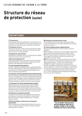 I . D / L E S S C H E M A S D E L I A I S O N A L A T E R R E
Structure du réseau
de protection (suite)
264
1 Prise de terre
Ensemble des éléments conducteurs en contact avec le sol.
La prise de terre est établie en fonction des conditions loca-
les (nature du sol) et de la valeur souhaitée de résistance.
2 Conducteur de terre
Conducteur assurant la liaison avec la prise de terre, géné-
ralement non isolé, avec une section minimale de 25 mm2
cuivre et 50 mm2 en acier galvanisé.
3 Dispositif de sectionnement
Inséré dans le conducteur de terre, l’ouverture de ce disposi-
tif permet la mesure de la prise de terre.
4 Borne principale de terre
Liaison électrique entre le circuit de terre et la liaison équi-
potentielle générale. Peut faire partie intégrante de cette
dernière ou du dispositif de sectionnement.
5 Liaison équipotentielle générale
Située à l’origine de l’installation et/ou au point de pénétra-
tion dans chaque bâtiment, elle relie l’ensemble des conduc-
teurs de terre, la liaison équipotentielle principale et les
divers conducteurs de protection.
6 Conducteur de liaison équipotentielle principale générale
Relie les éléments métalliques de la construction, les canali-
sations, les charpentes, à la liaison équipotentielle générale.
La section doit être égale à celle du conducteur principal de
protection avec un minimum de 6 mm2
(10 mm2
en alumi-
nium) et un maximum de 25 mm2
(35 mm2
en aluminium).
7 Conducteurs de liaison équipotentielle principale
Relie les éléments conducteurs à proximité du Tableau
Général Basse Tension à la borne des conducteurs de
protection. La section doit être égale à celle du conducteur
de protection avec un minimum de 6 mm2
(10 mm2
en alumi-
nium) et un maximum de 25 mm2
(35 mm2
en aluminium).
8 Conducteur principal de protection
Conducteur reliant la borne principale de terre à la borne
principale des conducteurs de protection. Sa section est
déterminée selon les règles indiquées dans ce chapitre
(choix ou calcul).
9 Borne principale ou collecteur des conducteurs
de protection
Elle est située dans le Tableau Général Basse Tension. Son
choix ou sa détermination sont effectués selon les règles
indiquées dans ce chapitre.
10 Conducteur de protection des circuits
Ils sont déterminés en fonction de l’intensité de chaque
circuit d’utilisation selon les règles indiquées dans ce chapi-
tre (choix ou calcul).
11 Liaisons équipotentielles supplémentaires
Elles permettent d’assurer la continuité des circuits de
protection.
a) Entre masses, la section est au moins égale à celle du plus
petit conducteur de protection des deux masses à relier
b) Entre masses et parties conductrices, la section est au
moins égale à la moitié de la section du conducteur de
protection de la masse à relier.
NB : Dans les deux cas, un minimum de 2,5 mm2 est néces-
saire si la liaison est mécaniquement protégée (sous enve-
loppe, goulotte, gaine… ) et de 4 mm2 si elle n’est pas
protégée (fil souple). Ces règles sont applicables aux
panneaux amovibles et portes des armoires XL3 et Altis lors-
qu’aucun appareil n’y est fixé. Si des appareils y sont fixés ou
s’il existe des risques particuliers de contacts indirects sur
ces masses (traversées de commande, absence de plas-
tron…), l’offre Legrand de tresses souples permet de répon-
dre à tous les cas d’installation.
DEFINITIONS
^ Pour une véritable “culture des masses” :
reprises de blindage par colliers fixés sur
des griffes “Fixoméga” réf. 364 69, parfaite
identification des circuits sur borniers Viking
 