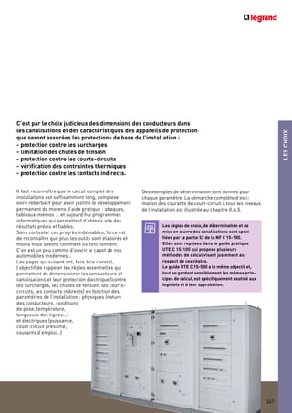 267
LESCHOIX
Il faut reconnaître que le calcul complet des
installations est suffisamment long, complexe
voire rébarbatif pour avoir justifié le développement
permanent de moyens d’aide pratique : abaques,
tableaux-mémos … et aujourd’hui programmes
informatiques qui permettent d’obtenir vite des
résultats précis et fiables.
Sans contester ces progrès indéniables, force est
de reconnaître que plus les outils sont élaborés et
moins nous savons comment ils fonctionnent.
C’en est un peu comme d’ouvrir le capot de nos
automobiles modernes…
Les pages qui suivent ont, face à ce constat,
l’objectif de rappeler les règles essentielles qui
permettent de dimensionner les conducteurs et
canalisations et leur protection électrique (contre
les surcharges, les chutes de tension, les courts-
circuits, les contacts indirects) en fonction des
paramètres de l’installation : physiques (nature
des conducteurs, conditions
de pose, température,
longueurs des lignes...)
et électriques (puissance,
court-circuit présumé,
courants d’emploi…)
C’est par le choix judicieux des dimensions des conducteurs dans
les canalisations et des caractéristiques des appareils de protection
que seront assurées les protections de base de l’installation :
- protection contre les surcharges
- limitation des chutes de tension
- protection contre les courts-circuits
- vérification des contraintes thermiques
- protection contre les contacts indirects.
Les règles de choix, de détermination et de
mise en œuvre des canalisations sont spéci-
fiées par la partie 52 de la NF C 15-100.
Elles sont reprises dans le guide pratique
UTE C 15-105 qui propose plusieurs
méthodes de calcul visant justement au
respect de ces règles.
Le guide UTE C 15-500 a le même objectif et,
tout en gardant sensiblement les mêmes prin-
cipes de calcul, est spécifiquement destiné aux
logiciels et à leur approbation.
Des exemples de détermination sont donnés pour
chaque paramètre. La démarche complète d’esti-
mation des courants de court-circuit à tous les niveaux
de l’installation est illustrée au chapitre II.A.5.
267
 