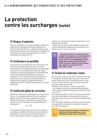 I I . A / D I M E N S I O N N E M E N T D E S C O N D U C T E U R S E T D E S P R O T E C T I O N S
La protection
contre les surcharges (suite)
278
Risques d’explosion
Dans les installations à risques d’explosion (présence,
traitement ou stockage de matières explosives ou
ayant un point d’éclair bas, y compris la présence de
poussières explosives), les canalisations comporteront
une protection mécanique appropriée et le courant
admissible sera réduit de 15 %.
Conducteurs en parallèle
Sous réserve que la disposition des conducteurs soit
conforme aux règles de groupement, le courant
admissible de la canalisation peut être considéré égal
à la somme des intensités admissibles de chaque
conducteur auquel sont appliqués les coefficients de
correction liés au groupement des conducteurs
(tableaux T1 à T7). Si les conditions de symétrie ne
peuvent pas être respectées notamment dans les
dispositions en nappe, un coefficient réducteur
supplémentaire (fs = 0,8) doit être appliqué au courant
admissible.
Coefficient global de correction
Quand tous les facteurs spécifiques de correction sont
connus, il est possible de déterminer le coefficient
global f de correction égal au produit de tous les
facteurs spécifiques. La procédure consiste alors à
calculer le courant théorique Izth admissible par la
canalisation :
La connaissance de Izth permet alors de se reporter
aux tableaux de détermination des courants admissi-
bles (page ci-contre) qui permet de déterminer la
section nécessaire. La lecture s’effectue dans la
Izth = IB
f
colonne qui correspond au type de conducteur et à la
méthode de référence.
Il suffit alors de choisir dans le tableau la valeur de
courant admissible immédiatement supérieure à la
valeur Izth pour trouver la section.
Section du conducteur neutre
Par principe, le neutre doit avoir la même section que
le conducteur de phase dans tous les circuits mono-
phasés. Dans les circuits triphasés de section supé-
rieure à 16 mm2
(25 mm2
alu), la section du neutre
peut être réduite jusqu’à S/2.
Toutefois cette réduction n’est pas autorisée si :
- les charges ne sont pas pratiquement équilibrées
- le taux de courants harmoniques de rang 3 est supé-
rieur à 15 %
Si ce taux est supérieur à 33 %, la section des conduc-
teurs actifs des câbles multipolaires est choisie en
majorant le courant IB par un coefficient multiplicateur
de 1,45.
Pour les câbles unipolaires, seule la section du neutre
est augmentée. (voir page 32, les éléments généra-
teurs d’harmoniques)
Une tolérance de 5 % sur la valeur d’Iz est
acceptée. Par exemple, un courant d’emploi IB
de 140 A conduirait à choisir une section de
35 mm2 avec un courant admissible de 169 A.
L’application de cette tolérance permet de
choisir une section réduite à 25 mm2 qui peut
donc supporter un courant de 145 A
(138 + 0,5% = 145 A).
Lorsque le neutre est chargé un coefficient de
réduction de 0,84 est appliqué au courant
admissible des câbles 3 ou 4 conducteurs.
 