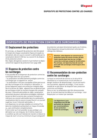 DISPOSITIFS DE PROTECTIONS CONTRE LES CHARGES
LESCHOIX
281
Emplacement des protections
En principe, un dispositif de protection doit être placé
à l’origine de chaque canalisation (ligne principale ou
dérivation), dès lors que le courant Iz admissible par la
canalisation devient inférieur au courant In du disposi-
tif de protection amont.
Des règles dérogatives existent et permettent le dépla-
cement de l’appareil de protection (voir page 468).
DISPOSITIFS DE PROTECTION CONTRE LES SURCHARGES
Dispense de protection contre
les surcharges
Il est possible de se dispenser de protection contre les
surcharges dans les cas suivants :
- la canalisation est effectivement protégée contre les
surcharges par un appareil en amont
- la canalisation n’est pas susceptible d’être parcourue
par des surcharges et ne comporte ni dérivation, ni
prises (appareils ayant une protection intégrée adap-
tée à la section du câble, appareil fixe ne générant pas
de surcharge et dont le courant d’emploi est compati-
ble avec l’intensité admissible du câble, canalisation
alimentant plusieurs dérivations protégées individuel-
lement et dont la somme des courants d’emploi est
inférieure au courant admissible dans la canalisation,
canalisations dont la source ne peut fournir un courant
supérieur à son l’intensité admissible,…)
Les dispenses ne sont pas valables en schéma IT et
dans les installations présentant un risque d’incendie
ou, sans vérification complémentaire.
Il est à noter qu’il est possible ne pas protéger une
dérivation sur une longueur de 3 mètres maximum
à condition qu’elle soit réalisée de manière à réduire le
risque de court-circuit au minimum et que le dispositif
Recommandation de non-protection
contre les surcharges
Lorsque la continuité de service ou la sécurité le
nécessite ou si l’ouverture du circuit entraîne un
danger (moteurs de désenfumage, circuits de machi-
nes tournantes, appareils de levage…) il est recom-
mandé de ne pas placer de dispositif avec protection
contre les surcharges.
Dans ce cas, la canalisation doit être dimensionnée
pour le courant éventuel de défaut en surcharge : rotor
bloqué pour un moteur par exemple.
Attention, cette dispense ne concerne pas la
protection contre les courts-circuits, qui doit
rester assurée dans tous les cas. La ligne
concernée ne doit pas comporter de dérivation.
Par principe, une ligne de prises de courant
peut subir des surcharges et doit toujours être
protégée..
Les disjoncteurs Lexic
magnétique seul DX-MA
permettent de répondre
aux recommandations
de non-protection
contre les surcharges.
de protection soit placé directement après ces 3 mètres.
Cette disposition est particulièrement utile dans le
câblage des tableaux.
 