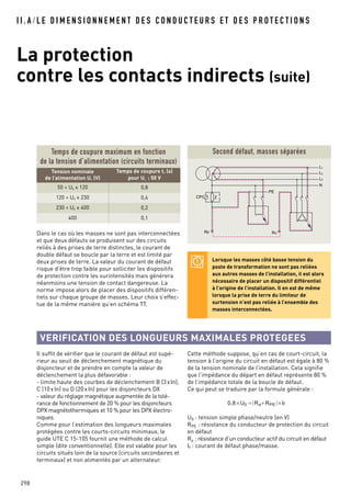 I I . A / L E D I M E N S I O N N E M E N T D E S C O N D U C T E U R S E T D E S P R O T E C T I O N S
La protection
contre les contacts indirects (suite)
298
Temps de coupure maximum en fonction
de la tension d’alimentation (circuits terminaux)
Dans le cas où les masses ne sont pas interconnectées
et que deux défauts se produisent sur des circuits
reliés à des prises de terre distinctes, le courant de
double défaut se boucle par la terre et est limité par
deux prises de terre. La valeur du courant de défaut
risque d’être trop faible pour solliciter les dispositifs
de protection contre les surintensités mais générera
néanmoins une tension de contact dangereuse. La
norme impose alors de placer des dispositifs différen-
tiels sur chaque groupe de masses. Leur choix s’effec-
tue de la même manière qu’en schéma TT.
Z
RB RA
L1
L2
L3
N
PE
CPI
Second défaut, masses séparées
Lorsque les masses côté basse tension du
poste de transformation ne sont pas reliées
aux autres masses de l’installation, il est alors
nécessaire de placer un dispositif différentiel
à l’origine de l’installation. Il en est de même
lorsque la prise de terre du limiteur de
surtension n’est pas reliée à l’ensemble des
masses interconnectées.
VERIFICATION DES LONGUEURS MAXIMALES PROTEGEES
Il suffit de vérifier que le courant de défaut est supé-
rieur au seuil de déclenchement magnétique du
disjoncteur et de prendre en compte la valeur de
déclenchement la plus défavorable :
- limite haute des courbes de déclenchement B (3xIn),
C (10xIn) ou D (20xIn) pour les disjoncteurs DX
- valeur du réglage magnétique augmentée de la tolé-
rance de fonctionnement de 20 % pour les disjoncteurs
DPX magnétothermiques et 10 % pour les DPX électro-
niques.
Comme pour l’estimation des longueurs maximales
protégées contre les courts-circuits minimaux, le
guide UTE C 15-105 fournit une méthode de calcul
simple (dite conventionnelle). Elle est valable pour les
circuits situés loin de la source (circuits secondaires et
terminaux) et non alimentés par un alternateur.
Cette méthode suppose, qu’en cas de court-circuit, la
tension à l’origine du circuit en défaut est égale à 80 %
de la tension nominale de l’installation. Cela signifie
que l’impédance du départ en défaut représente 80 %
de l’impédance totale de la boucle de défaut.
Ce qui peut se traduire par la formule générale :
U0 : tension simple phase/neutre (en V)
RPE : résistance du conducteur de protection du circuit
en défaut
Ra : résistance d’un conducteur actif du circuit en défaut
If : courant de défaut phase/masse.
0,8 U0 Ra RPE If
Tension nominale
de l’alimentation U0 (V)
Temps de coupure t0 (s)
pour UL : 50 V
50 < U0 < 120 0,8
120 < U0 < 230 0,4
230 < U0 < 400 0,2
400 0,1
 