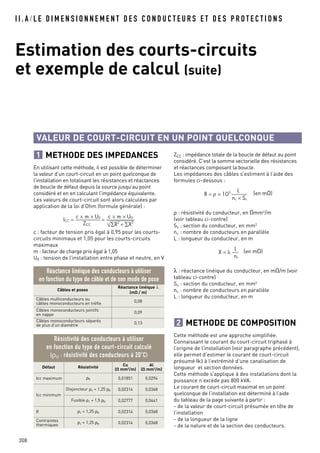 I I . A / L E D I M E N S I O N N E M E N T D E S C O N D U C T E U R S E T D E S P R O T E C T I O N S
Estimation des courts-circuits
et exemple de calcul (suite)
308
VALEUR DE COURT-CIRCUIT EN UN POINT QUELCONQUE
METHODE DES IMPEDANCES
En utilisant cette méthode, il est possible de déterminer
la valeur d’un court-circuit en un point quelconque de
l’installation en totalisant les résistances et réactances
de boucle de défaut depuis la source jusqu’au point
considéré et en en calculant l’impédance équivalente.
Les valeurs de court-circuit sont alors calculées par
application de la loi d’Ohm (formule générale) :
c : facteur de tension pris égal à 0,95 pour les courts-
circuits minimaux et 1,05 pour les courts-circuits
maximaux
m : facteur de charge pris égal à 1,05
U0 : tension de l’installation entre phase et neutre, en V
1 ZCC : impédance totale de la boucle de défaut au point
considéré. C’est la somme vectorielle des résistances
et réactances composant la boucle.
Les impédances des câbles s’estiment à l’aide des
formules ci-dessous :
(en mO)
ρ : résistivité du conducteur, en Omm2
/m
(voir tableau ci-contre)
Sc : section du conducteur, en mm2
nc : nombre de conducteurs en parallèle
L : longueur du conducteur, en m
(en mO)
λ : réactance linéique du conducteur, en mO/m (voir
tableau ci-contre)
Sc : section du conducteur, en mm2
nc : nombre de conducteurs en parallèle
L : longueur du conducteur, en m
Résistivité des conducteurs à utiliser
en fonction du type de court-circuit calculé
(ρ0 : résistivité des conducteurs à 20°C)
METHODE DE COMPOSITION
Cette méthode est une approche simplifiée.
Connaissant le courant du court-circuit triphasé à
l’origine de l’installation (voir paragraphe précédent),
elle permet d’estimer le courant de court-circuit
présumé Ik3 à l’extrémité d’une canalisation de
longueur et section données.
Cette méthode s’applique à des installations dont la
puissance n’excède pas 800 kVA.
Le courant de court-circuit maximal en un point
quelconque de l’installation est déterminé à l’aide
du tableau de la page suivante à partir :
- de la valeur de court-circuit présumée en tête de
l’installation
- de la longueur de la ligne
- de la nature et de la section des conducteurs.
2
Câbles et poses
Réactance linéique λ
(mO / m)
Câbles multiconducteurs ou
câbles monoconducteurs en trèfle
0,08
Câbles monoconducteurs jointifs
en nappe
0,09
Câbles monoconducteurs séparés
de plus d’un diamètre 0,13
Réactance linéique des conducteurs à utiliser
en fonction du type de câble et de son mode de pose
Défaut Résistivité
Cu
(O mm2/m)
Al
(O mm2/m)
Icc maximum ρ0 0,01851 0,0294
Icc minimum
Disjoncteur ρ1 = 1,25 ρ0 0,02314 0,0368
Fusible ρ1 = 1,5 ρ0 0,02777 0,0441
If ρ1 = 1,25 ρ0 0,02314 0,0368
Contraintes
thermiques
ρ1 = 1,25 ρ0 0,02314 0,0368
 