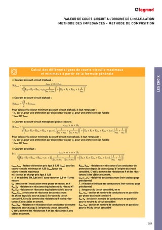 VALEUR DE COURT-CIRCUIT A L’ORIGINE DE L’INSTALLATION
METHODE DES IMPEDANCES - METHODE DE COMPOSITION
LESCHOIX
309
Courant de court-circuit triphasé :
Courant de court-circuit biphasé :
Pour calculer la valeur minimum du court-circuit biphasé, il faut remplacer :
- ρ0 par ρ1 pour une protection par disjoncteur ou par ρ2 pour une protection par fusible
- cmax par cmin.
Courant de court-circuit monophasé phase-neutre :
Pour calculer la valeur minimale du court-circuit monophasé, il faut remplacer :
- ρ0 par ρ1 pour une protection par disjoncteur ou par ρ2 pour une protection par fusible
- cmax par cmin.
Courant de défaut :
If
Ik1
Ik2
Ik3
Calcul des différents types de courts-circuits maximaux
et minimaux à partir de la formule générale
cmax, cmin : facteur de tension pris égal à 0,95 (cmin) pour les
courts-circuits minimaux et 1,05 (cmax) pour les
courts-circuits maximaux
m : facteur de charge pris égal à 1,05
α : 1 en schéma TN, 0,86 en IT sans neutre et 0,5 en IT avec
neutre
U0 : tension de l’installation entre phase et neutre, en V
RQ, XQ : résistance et réactance équivalentes du réseau HT
RS, XS : résistance et réactance équivalentes de la source
RPha, XPha : résistance et réactance des conducteurs
de phase depuis la source jusqu’à l’origine du circuit
considéré. C’est la somme des résistances R et des réac-
tances X des câbles en amont.
RNa, XNa : résistance et réactance d’un conducteur de neutre
depuis la source jusqu’à l’origine du circuit considéré.
C’est la somme des résistances R et des réactances X des
câbles en amont.
RPEa, XPEa : résistance et réactance d’un conducteur de
protection depuis la source jusqu’à l’origine du circuit
considéré. C’est la somme des résistances R et des réac-
tances X des câbles en amont.
ρ0, ρ1, ρ2 : résistivité des conducteurs (voir tableau page
précédente)
λ : réactance linéique des conducteurs (voir tableau page
précédente)
L : longueur du circuit considéré, en m
SPh, nPh : section et nombre de conducteurs en parallèle
par phase du circuit considéré
SN, nN : section et nombre de conducteurs en parallèle
pour le neutre du circuit considéré
SPE, nPE : section et nombre de conducteurs en parallèle
pour le PE du circuit considéré
 