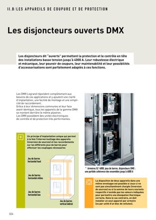 I I . B / L E S A P PA R E I L S D E C O U P U R E E T D E P R O T E C T I O N
Les disjoncteurs ouverts DMX
Les disjoncteurs dit “ouverts” permettent la protection et le contrôle en tête
des installations basse tension jusqu’à 4000 A. Leur robustesse électrique
et mécanique, leur pouvoir de coupure, leur maintenabilité et leur possibilités
d’accessorisations sont parfaitement adaptés à ces fonctions.
324
Les DMX Legrand répondent complètement aux
besoins de ces applications et y ajoutent une clarté
d’implantation, une facilité de montage et une simpli-
cité de raccordement.
Grâce à leur dimensions communes et leur face
avant identique, tous les appareils de la gamme DMX
se montent derrière le même plastron.
Les DMX possèdent des unités électroniques
de contrôle et de protection très performantes.
Un principe d’implantation unique qui permet
à la fois l’interverrouillage des appareils
(inversion de sources) et les raccordements
sur les différents jeux de barres pour
effectuer les couplages nécessaires
La disposition de deux appareils dans une
même enveloppe est possible si ceux-ci ne
sont pas simultanément chargés (inversion
de sources) ou si la somme de leurs courants
respectifs n’excède pas les valeurs indiquées
pour permettre une dissipation thermique
correcte. Dans le cas contraire, on doit
installer un seul appareil par armoire
(ou par unité d’un bloc de cellules).
^ Armoires XL3
4000, jeux de barres, disjoncteurs DMX :
une parfaite cohérence des ensembles jusqu’à 4000 A
Jeu de barres
horizontal haut
Jeu de barres
horizontal milieu
Jeu de barres
horizontal bas
Jeu de barres
vertical latéral
 