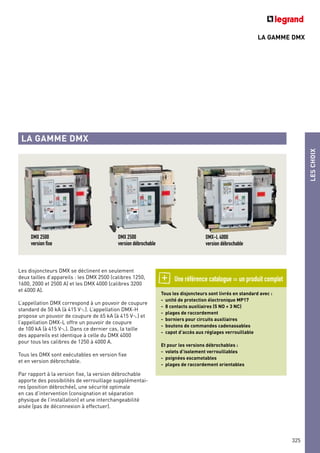 LA GAMME DMX
LESCHOIX
325
Les disjoncteurs DMX se déclinent en seulement
deux tailles d’appareils : les DMX 2500 (calibres 1250,
1600, 2000 et 2500 A) et les DMX 4000 (calibres 3200
et 4000 A).
L’appellation DMX correspond à un pouvoir de coupure
standard de 50 kA (à 415 V±). L’appellation DMX-H
propose un pouvoir de coupure de 65 kA (à 415 V±) et
l’appellation DMX-L offre un pouvoir de coupure
de 100 kA (à 415 V±). Dans ce dernier cas, la taille
des appareils est identique à celle du DMX 4000
pour tous les calibres de 1250 à 4000 A.
Tous les DMX sont exécutables en version fixe
et en version débrochable.
Par rapport à la version fixe, la version débrochable
apporte des possibilités de verrouillage supplémentai-
res (position débrochée), une sécurité optimale
en cas d’intervention (consignation et séparation
physique de l’installation) et une interchangeabilité
aisée (pas de déconnexion à effectuer).
Tous les disjoncteurs sont livrés en standard avec :
- unité de protection électronique MP17
- 8 contacts auxiliaires (5 NO + 3 NC)
- plages de raccordement
- borniers pour circuits auxiliaires
- boutons de commandes cadenassables
- capot d’accès aux réglages verrouillable
Et pour les versions débrochables :
- volets d’isolement verrouillables
- poignées escamotables
- plages de raccordement orientables
LA GAMME DMX
DMX 2500
version fixe
DMX 2500
version débrochable
DMX-L 4000
version débrochable
Une référence catalogue = un produit complet
 