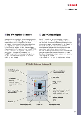 LA GAMME DPX
LESCHOIX
341
Les DPX magnéto-thermiques
Les disjoncteurs équipés de déclencheurs magnéto-
thermiques permettent de régler les seuils d’interven-
tion thermique pour la protection contre les
surcharges et les seuils d’intervention magnétique
pour la protection contre les courts-circuits.
La possibilité de réglage du seuil magnétique est
disponible sur tous les appareils à partir du DPX 250.
Ce seuil est fixe sur les appareils à montage sur
rail 3(DPX 125, DPX 160 et DPX 250 ER).
Les DPX magnéto-thermiques sont disponibles
de 16 à 1250 A avec des pouvoirs de coupure
allant de 16 à 100 kA.
Les DPX électroniques
Les DPX équipés de déclencheurs électroniques à
microprocesseurs offrent la possibilité, en fonction
des versions, de régler précisément les seuils d’inter-
vention en temps et en courant pour les surcharges et
les courts-circuits. Ils possèdent des fonctions
complémentaires telles que la sélectivité logique et
dynamique, le délestage, la communication…
Les DPX électroniques sont disponibles de 40 à 1600 A
avec des pouvoirs de coupure allant de 36 à 100 kA.
Les déclencheurs électroniques existent en 2 versions :
- S1 : réglage de Ir et Im
- S2 : réglage de Ir, Tr, Im, Tm et sélectivité logique
performances électriques
et références normatives
Porte-repères
Caractéristiques
- référence
- pouvoir de coupure
- courant assigné (calibre)
- norme
Bouton test
Réglage (voir page 345)
Sélectivité dynamique
- Low
- High
Plombage des réglagesPrise de test
Voyants
- vert : Fonctionnement normal
- rouge fixe : I > 0,9 Ir
- rouge clignotant : I > 1,05 Ir
Voyants de signalisation
de déclenchement
Réglage du neutre
(0-0,5-1)
Identification du type
- jaune DPX-H
DPX-H 630 - Déclencheur électronique S2
 