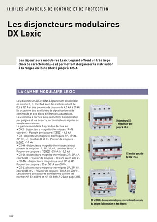 Les disjoncteurs modulaires Lexic Legrand offrent un très large
choix de caractéristiques et permettent d’organiser la distribution
à la rangée en toute liberté jusqu’à 125 A.
Les disjoncteurs DX et DNX Legrand sont disponibles
en courbe B, C, D et MA avec des calibres allant de
0,5 à 125 A et des pouvoirs de coupure de 4,5 kA à 50 kA.
Ils acceptent des auxiliaires de signalisation et de
commande et des blocs différentiels adaptables.
Les versions à bornes auto permettent l’alimentation
par peignes et les départs par conducteurs rigides ou
souples sans visser.
La gamme modulaire Legrand se décline en :
• DNX : disjoncteurs magnéto-thermiques 1P+N
courbe C - Pouvoir de coupure : 4500 - 4,5 kA
• DX : disjoncteurs magnéto-thermiques 1P, 1P+N,
2P, 3P, 4P, courbes B et C - Pouvoir de coupure :
6000 - 10 kA
• DX-H : disjoncteurs magnéto-thermiques à haut
pouvoir de coupure 1P, 2P, 3P, 4P, courbes B et C -
Pouvoir de coupure : 10000 - 25 kA à 12,5 kA
• DX-D : disjoncteurs magnéto-thermiques 2P, 3P, 4P,
courbes D - Pouvoir de coupure : 10 à 25 kA en 400 V±
• DX-MA : disjoncteurs magnétique seul 3P et 4P
Pouvoir de coupure : 25 et 50 kA en 400 V±
• DX-L : disjoncteurs magnéto-thermiques 2P, 3P, 4P,
courbes B et C - Pouvoir de coupure : 50 kA en 400 V±.
Les pouvoirs de coupures sont donnés suivant les
normes NF EN 60898 et NF IEC 60947-2 (voir page 318).
LA GAMME MODULAIRE LEXIC
362
Les disjoncteurs modulaires
DX Lexic
I I . B / L E S A P PA R E I L S D E C O U P U R E E T D E P R O T E C T I O N
Disjoncteurs DX :
1 module par pôle
jusqu’à 63 A …
1,5 module par pôle
de 80 à 125 A
DX et DNX à bornes automatiques : raccordement sans vis
du peigne d’alimentation et des départs
 