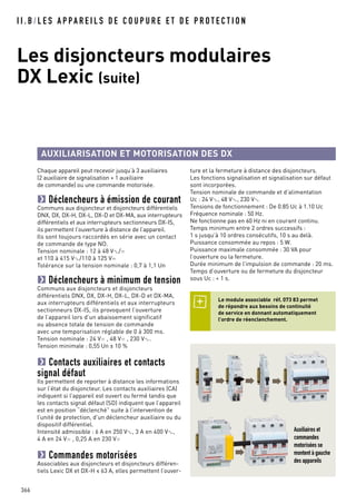 Chaque appareil peut recevoir jusqu’à 3 auxiliaires
(2 auxiliaire de signalisation + 1 auxiliaire
de commande) ou une commande motorisée.
Déclencheurs à émission de courant
Communs aux disjoncteur et disjoncteurs différentiels
DNX, DX, DX-H, DX-L, DX-D et DX-MA, aux interrupteurs
différentiels et aux interrupteurs sectionneurs DX-IS,
ils permettent l’ouverture à distance de l’appareil.
Ils sont toujours raccordés en série avec un contact
de commande de type NO.
Tension nominale : 12 à 48 V±/=
et 110 à 415 V±/110 à 125 V=
Tolérance sur la tension nominale : 0,7 à 1,1 Un
Déclencheurs à minimum de tension
Communs aux disjoncteurs et disjoncteurs
différentiels DNX, DX, DX-H, DX-L, DX-D et DX-MA,
aux interrupteurs différentiels et aux interrupteurs
sectionneurs DX-IS, ils provoquent l’ouverture
de l’appareil lors d’un abaissement significatif
ou absence totale de tension de commande
avec une temporisation réglable de 0 à 300 ms.
Tension nominale : 24 V= , 48 V= , 230 V±.
Tension minimale : 0,55 Un ± 10 %
Contacts auxiliaires et contacts
signal défaut
Ils permettent de reporter à distance les informations
sur l’état du disjoncteur. Les contacts auxiliaires (CA)
indiquent si l’appareil est ouvert ou fermé tandis que
les contacts signal défaut (SD) indiquent que l’appareil
est en position “déclenché” suite à l’intervention de
l’unité de protection, d’un déclencheur auxiliaire ou du
dispositif différentiel.
Intensité admissible : 6 A en 250 V±, 3 A en 400 V±,
4 A en 24 V= , 0,25 A en 230 V=
Commandes motorisées
Associables aux disjoncteurs et disjoncteurs différen-
tiels Lexic DX et DX-H < 63 A, elles permettent l’ouver-
I I . B / L E S A P PA R E I L S D E C O U P U R E E T D E P R O T E C T I O N
Les disjoncteurs modulaires
DX Lexic (suite)
366
AUXILIARISATION ET MOTORISATION DES DX
ture et la fermeture à distance des disjoncteurs.
Les fonctions signalisation et signalisation sur défaut
sont incorporées.
Tension nominale de commande et d’alimentation
Uc : 24 V±, 48 V±, 230 V±
Tensions de fonctionnement : De 0.85 Uc à 1.10 Uc
Fréquence nominale : 50 Hz.
Ne fonctionne pas en 60 Hz ni en courant continu.
Temps minimum entre 2 ordres successifs :
1 s jusqu’à 10 ordres consécutifs, 10 s au delà.
Puissance consommée au repos : 5 W.
Puissance maximale consommée : 30 VA pour
l’ouverture ou la fermeture.
Durée minimum de l’impulsion de commande : 20 ms.
Temps d’ouverture ou de fermeture du disjoncteur
sous Uc : < 1 s.
Le module associable réf. 073 83 permet
de répondre aux besoins de continuité
de service en donnant automatiquement
l’ordre de réenclenchement.
Auxiliaires et
commandes
motorisées se
montent à gauche
des appareils
 
