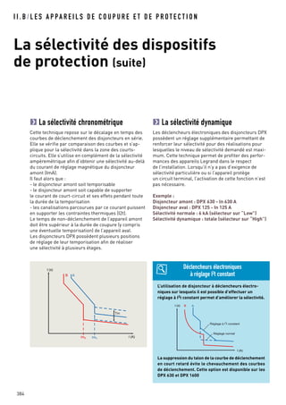 I I . B / L E S A P PA R E I L S D E C O U P U R E E T D E P R O T E C T I O N
La sélectivité des dispositifs
de protection (suite)
384
La sélectivité chronométrique
Cette technique repose sur le décalage en temps des
courbes de déclenchement des disjoncteurs en série.
Elle se vérifie par comparaison des courbes et s’ap-
plique pour la sélectivité dans la zone des courts-
circuits. Elle s’utilise en complément de la sélectivité
ampèremétrique afin d’obtenir une sélectivité au-delà
du courant de réglage magnétique du disjoncteur
amont (ImA).
Il faut alors que :
- le disjoncteur amont soit temporisable
- le disjoncteur amont soit capable de supporter
le courant de court-circuit et ses effets pendant toute
la durée de la temporisation
- les canalisations parcourues par ce courant puissent
en supporter les contraintes thermiques (I2t).
Le temps de non-déclenchement de l’appareil amont
doit être supérieur à la durée de coupure (y compris
une éventuelle temporisation) de l’appareil aval.
Les disjoncteurs DPX possèdent plusieurs positions
de réglage de leur temporisation afin de réaliser
une sélectivité à plusieurs étages.
I (A)
t (s)
AB
ImB ImA
Tm
La sélectivité dynamique
Les déclencheurs électroniques des disjoncteurs DPX
possèdent un réglage supplémentaire permettant de
renforcer leur sélectivité pour des réalisations pour
lesquelles le niveau de sélectivité demandé est maxi-
mum. Cette technique permet de profiter des perfor-
mances des appareils Legrand dans le respect
de l’installation. Lorsqu’il n’y a pas d’exigence de
sélectivité particulière ou si l’appareil protège
un circuit terminal, l’activation de cette fonction n’est
pas nécessaire.
Exemple :
Disjoncteur amont : DPX 630 - In 630 A
Disjoncteur aval : DPX 125 - In 125 A
Sélectivité normale : 6 kA (sélecteur sur “Low”)
Sélectivité dynamique : totale (sélecteur sur “High”)
L’utilisation de disjoncteur à déclencheurs électro-
niques sur lesquels il est possible d’effectuer un
réglage à I2t constant permet d’améliorer la sélectivité.
La suppression du talon de la courbe de déclenchement
en court retard évite le chevauchement des courbes
de déclenchement. Cette option est disponible sur les
DPX 630 et DPX 1600
Déclencheurs électroniques
à réglage I2t constant
I (A)
t (s) AB
Réglage à I
2
t constant
Réglage normal
 