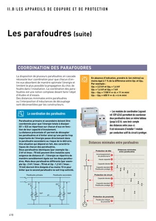 418
I I . B / L E S A P PA R E I L S D E C O U P U R E E T D E P R O T E C T I O N
Les parafoudres (suite)
COORDINATION DES PARAFOUDRES
La disposition de plusieurs parafoudres en cascade
nécessite leur coordination pour que chacun d’en-
tre eux absorbent de manière optimale l’énergie et
limitent le plus possible la propagation du choc de
foudre dans l’installation. La coordination des para-
foudres est une notion complexe devant faire l’objet
d’études et d’essais.
Des distances minimales entre parafoudres
ou l’interposition d’inductances de découplage
sont déconseillées par les constructeurs.
En absence d’indication, prendre d1 (en mètres) au
moins égal à 1 % de la différence entre Up1 et Up2.
Par exemple :
Up1 = 2,5 kV et Up2 = 1,4 kV
Up1 = 1,4 kV et Up2 = 1 kV
Up1 - Up2 = 1100 V => d1 = 11 m mini
Up1 - Up2 = 400 V => d1 = 4 m mini
H
HL
E
E
SP
S
SP
S
P
Protection de tête
Protection de circuit
Protection de proximité
Parafoudre intégré
de proximité
Capacité élevée
Capacité élevée
Accompagnement
de paratonnerre
Haute capacité
Capacité standard
Parafoudre protégé
Capacité standard
Parafoudre protégé
10m
10m
8m
8m
6m
6m
2m
2m
4m
6m
Distances minimales
entre parafoudres
Distances minimales entre parafoudres
Parafoudres primaire et secondaire doivent être
coordonnés pour que l’énergie totale à dissiper
(E1 + E2) se répartisse sur chacun d’eux en fonc-
tion de leur capacité d’écoulement.
La distance préconisée d1 permet de découpler
les parafoudres et d’éviter ainsi qu’une partie trop
importante de l’énergie passe directement dans
le parafoudre secondaire au risque de le détruire.
Une situation qui dépend en fait, des caractéris-
tiques de chacun des parafoudres.
Deux parafoudres identiques (par exemple Up :
2 kV et Imax : 70 kA) peuvent être installés sans
exigence de distance d1 : l’énergie se répartira de
manière sensiblement égale sur les deux parafou-
dres. Mais deux parafoudres différents (par exem-
ple Up : 2 kV / Imax : 70 kA et Up : 1,2 kV / Imax :
15 kA) devront être éloignés d’au moins 10 m pour
éviter que le second parafoudre ne soit trop sollicité.
La coordination des parafoudres
E1 E2
Up1
Parafoudre primaire Parafoudre secondaire
d1
Up2
< Les modules de coordination Legrand
réf. 039 62/63 permettent de coordonner
deux parafoudres dans un même tableau
(jusqu’à 63 A), sans tenir compte
des distances entre ceux-ci.
Il est nécessaire d’installer 1 module
par conducteur actif du circuit à protéger.
 
