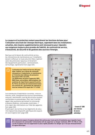 LESCHOIX
423423
Quel que soit le besoin de continuité de service,
les interventions de maintenances sur l’installation
doivent s’effectuer en toute sécurité. Elles s’opèrent
selon des protocoles rigoureux et réclament
des équipements particuliers : sectionnement,
verrouillage, signalisation (voir page 424).
Les manœuvres d’exploitation courantes : mise en
marche, arrêt, changement de source d’alimentation,
mesures, réarmement, sont de plus en plus souvent
centralisées et automatisées. Pour cela, il est fait
appel à des auxiliaires permettant la commande
à distance (bobines, commandes motorisées…)
et le report des informations sur l’état des appareils
(voir page 436).
D’autre part, les normes et les règlements de sécu-
rité imposent des dispositifs spécifiques de coupure
en cas d’urgence (voir page 440)
La coupure et la protection restent assurément les fonctions de base pour
l’utilisation sécurisée de l’énergie électrique, cependant dans les installations
actuelles, des moyens supplémentaires sont nécessaires pour répondre
aux exigences toujours plus grandes de fiabilité, de continuité de service,
d’évolutivité, de sécurité et de gestions des sources d’énergie.
Des moyens de coupure d’urgence doivent être prévus pour toute partie d’installation pour laquelle il peut
être nécessaire de commander l’alimentation afin de supprimer un danger inattendu. (NFC 15-100 art. 463).
L’arrêt d’urgence vise à la suppression la plus rapide possible d’un danger qui n’est pas nécessairement
d’origine électrique.
L’utilisation de l’Indice de Service (IS) peut
aider à définir les critères de continuité
nécessaires à l’exploitation, la maintenance
et l’évolution des tableaux de puissance
(document UTE C 63-429).
Les différentes versions d’appareils DPX,
DMX (fixes, extractibles, débrochables), les
systèmes de répartitions Legrand (Lexiclic,
XL-Part), les formes de cloisonnement dans
les armoires XL3
, permettent de répondre à
tous les niveaux d’IS requis (de 111 à 333).
< Armoire XL3 4000
avec inverseur
de sources
automatique
 
