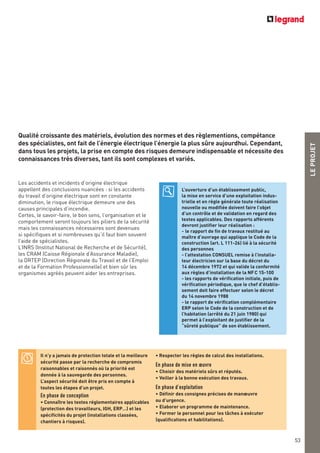 53
LEPROJET
53
Les accidents et incidents d’origine électrique
appellent des conclusions nuancées : si les accidents
du travail d’origine électrique sont en constante
diminution, le risque électrique demeure une des
causes principales d’incendie.
Certes, le savoir-faire, le bon sens, l’organisation et le
comportement seront toujours les piliers de la sécurité
mais les connaissances nécessaires sont devenues
si spécifiques et si nombreuses qu’il faut bien souvent
l’aide de spécialistes.
L’INRS (Institut National de Recherche et de Sécurité),
les CRAM (Caisse Régionale d’Assurance Maladie),
la DRTEP (Direction Régionale du Travail et de l’Emploi
et de la Formation Professionnelle) et bien sûr les
organismes agréés peuvent aider les entreprises.
Qualité croissante des matériels, évolution des normes et des règlementions, compétance
des spécialistes, ont fait de l’énergie électrique l’énergie la plus sûre aujourdhui. Cependant,
dans tous les projets, la prise en compte des risques demeure indispensable et nécessite des
connaissances très diverses, tant ils sont complexes et variés.
Il n’y a jamais de protection totale et la meilleure
sécurité passe par la recherche de compromis
raisonnables et raisonnés où la priorité est
donnée à la sauvegarde des personnes.
L’aspect sécurité doit être pris en compte à
toutes les étapes d’un projet.
En phase de conception
• Connaître les textes réglementaires applicables
(protection des travailleurs, IGH, ERP…) et les
spécificités du projet (installations classées,
chantiers à risques).
• Respecter les règles de calcul des installations.
En phase de mise en œuvre
• Choisir des matériels sûrs et réputés.
• Veiller à la bonne exécution des travaux.
En phase d’exploitation
• Définir des consignes précises de manœuvre
ou d’urgence.
• Elaborer un programme de maintenance.
• Former le personnel pour les tâches à exécuter
(qualifications et habilitations).
L’ouverture d’un établissement public,
la mise en service d’une exploitation indus-
trielle et en règle générale toute réalisation
nouvelle ou modifiée doivent faire l’objet
d’un contrôle et de validation en regard des
textes applicables. Des rapports afférents
devront justifier leur réalisation :
- le rapport de fin de travaux restitué au
maître d’ouvrage qui applique le Code de la
construction (art. L 111-26) lié à la sécurité
des personnes
- l’attestation CONSUEL remise à l’installa-
teur électricien sur la base du décret du
14 décembre 1972 et qui valide la conformité
aux règles d’installation de la NFC 15-100
- les rapports de vérification initiale, puis de
vérification périodique, que le chef d’établis-
sement doit faire effectuer selon le décret
du 14 novembre 1988
- le rapport de vérification complémentaire
ERP selon le Code de la construction et de
l’habitation (arrêté du 21 juin 1980) qui
permet à l’exploitant de justifier de la
“sûreté publique” de son établissement.
 