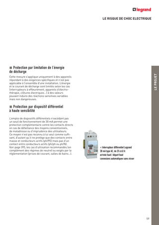 LE RISQUE DE CHOC ELECTRIQUE
LEPROJET
59
Protection par limitation de l’énergie
de décharge
Cette mesure s’applique uniquement à des appareils
répondant à des exigences spécifiques et n’est pas
applicable à l’ensemble d’une installation. L’énergie
et le courant de décharge sont limités selon les cas
(interrupteurs à effleurement, appareils d’électro-
thérapie, clôtures électriques…) à des valeurs
pouvant induire des réactions sensitives variables
mais non dangereuses.
Protection par dispositif différentiel
à haute sensibilité
L’emploi de dispositifs différentiels n’excédant pas
un seuil de fonctionnement de 30 mA permet une
protection complémentaire contre les contacts directs
en cas de défaillance des moyens conventionnels,
de maladresse ou d’imprudence des utilisateurs.
Ce moyen n’est pas reconnu à lui seul comme suffi-
sant, d’autant qu’il ne protège que des contacts entre
masse et conducteurs actifs (ph/PE) mais pas d’un
contact entre conducteurs actifs (ph/ph ou ph/N).
Voir page 395, les cas d’utilisation recommandés (en
complément des régimes de neutre) ou exigés par la
réglementation (prises de courant, salles de bains…).
< Interrupteur différentiel Legrand
30 mA type AC, de 25 à 63 A
arrivée haut / départ haut
connexions automatiques sans visser
 