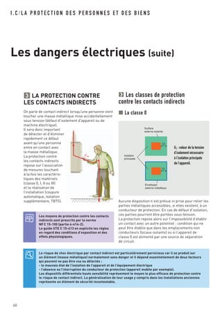 I . C / L A P R O T E C T I O N D E S P E R S O N N E S E T D E S B I E N S
Les dangers électriques (suite)
60
LA PROTECTION CONTRE
LES CONTACTS INDIRECTS
On parle de contact indirect lorsqu'une personne vient
toucher une masse métallique mise accidentellement
sous tension (défaut d'isolement d'appareil ou de
machine électrique).
Il sera donc important
de détecter et d'éliminer
rapidement ce défaut
avant qu'une personne
entre en contact avec
la masse métallique.
La protection contre
les contacts indirects
repose sur l’association
de mesures touchant
à la fois les caractéris-
tiques des matériels
(classe 0, I, II ou III)
et la réalisation de
l’installation (coupure
automatique, isolation
supplémentaire, TBTS).
3 Les classes de protection
contre les contacts indirects
La classe 0
Aucune disposition n’est prévue ni prise pour relier les
parties métalliques accessibles, si elles existent, à un
conducteur de protection. En cas de défaut d’isolation,
ces parties pourront être portées sous tension.
La protection repose alors sur l’impossibilité d’établir
un contact avec un autre potentiel : condition qui ne
peut être établie que dans les emplacements non
conducteurs (locaux isolants) ou si l’appareil de
classe 0 est alimenté par une source de séparation
de circuit.
U1
U1
Isolation
principale
Surface
externe isolante
Enveloppe
externe métallique
U1 : valeur de la tension
d’isolement nécessaire
à l’isolation principale
de l’appareil.
Les moyens de protection contre les contacts
indirects sont prescrits par la norme
NF C 15-100 (partie 4-414-2).
Le guide UTE C 15-413 en explicite les règles
en regard des conditions d’exposition et des
effets physiologiques.
Le risque de choc électrique par contact indirect est particulièrement pernicieux car il se produit sur
un élément (masse métallique) normalement sans danger et il dépend essentiellement de deux facteurs
qui peuvent ne pas être vus ou détectés :
- le mauvais état de l’isolation de l’appareil et de l’équipement électrique
- l’absence ou l’nterruption du conducteur de protection (appareil mobile par exemple).
Les dispositifs différentiels haute sensibilité représentent le moyen le plus efficace de protection contre
le risque de contact indirect. La généralisation de leur usage y compris dans les installations anciennes
représente un élément de sécurité incontestable.
 