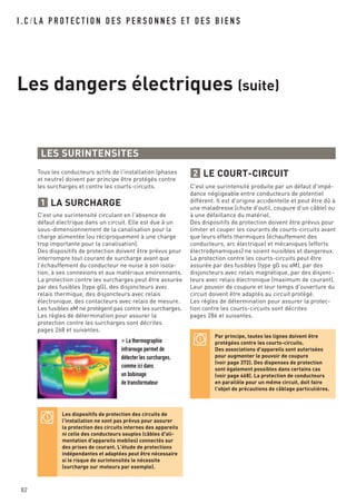 I . C / L A P R O T E C T I O N D E S P E R S O N N E S E T D E S B I E N S
82
LE COURT-CIRCUIT
C'est une surintensité produite par un défaut d'impé-
dance négligeable entre conducteurs de potentiel
différent. Il est d'origine accidentelle et peut être dû à
une maladresse (chute d'outil, coupure d'un câble) ou
à une défaillance du matériel.
Des dispositifs de protection doivent être prévus pour
limiter et couper les courants de courts-circuits avant
que leurs effets thermiques (échauffement des
conducteurs, arc électrique) et mécaniques (efforts
électrodynamiques) ne soient nuisibles et dangereux.
La protection contre les courts-circuits peut être
assurée par des fusibles (type gG ou aM), par des
disjoncteurs avec relais magnétique, par des disjonc-
teurs avec relais électronique (maximum de courant).
Leur pouvoir de coupure et leur temps d'ouverture du
circuit doivent être adaptés au circuit protégé.
Les règles de détermination pour assurer la protec-
tion contre les courts-circuits sont décrites
pages 286 et suivantes.
2
Les dangers électriques (suite)
Tous les conducteurs actifs de l'installation (phases
et neutre) doivent par principe être protégés contre
les surcharges et contre les courts-circuits.
LA SURCHARGE
C'est une surintensité circulant en l'absence de
défaut électrique dans un circuit. Elle est due à un
sous-dimensionnement de la canalisation pour la
charge alimentée (ou réciproquement à une charge
trop importante pour la canalisation).
Des dispositifs de protection doivent être prévus pour
interrompre tout courant de surcharge avant que
l'échauffement du conducteur ne nuise à son isola-
tion, à ses connexions et aux matériaux environnants.
La protection contre les surcharges peut être assurée
par des fusibles (type gG), des disjoncteurs avec
relais thermique, des disjoncteurs avec relais
électronique, des contacteurs avec relais de mesure.
Les fusibles aM ne protègent pas contre les surcharges.
Les règles de détermination pour assurer la
protection contre les surcharges sont décrites
pages 268 et suivantes.
1
LES SURINTENSITES
> La thermographie
infrarouge permet de
détecter les surcharges,
comme ici dans
un bobinage
de transformateur
Les dispositifs de protection des circuits de
l'installation ne sont pas prévus pour assurer
la protection des circuits internes des appareils
ni celle des conducteurs souples (câbles d'ali-
mentation d'appareils mobiles) connectés sur
des prises de courant. L'étude de protections
indépendantes et adaptées peut être nécessaire
si le risque de surintensités le nécessite
(surcharge sur moteurs par exemple).
Par principe, toutes les lignes doivent être
protégées contre les courts-circuits.
Des associations d'appareils sont autorisées
pour augmenter le pouvoir de coupure
(voir page 372). Des dispenses de protection
sont également possibles dans certains cas
(voir page 468). La protection de conducteurs
en parallèle pour un même circuit, doit faire
l'objet de précautions de câblage particuliéres.
 