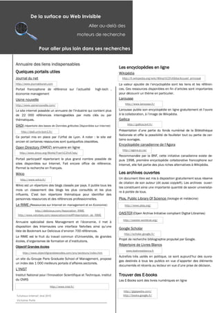 De la surface au Web Invisible
                                                      Aller au-­delà des
                                                  moteurs de recherche


                  Pour aller plus loin dans ses recherches


Annuaire des liens indispensables
                                                                          Les encyclopédies en ligne
Quelques portails utiles                                                  Wikipédia
Journal du net                                                              http://fr.wikipedia.org/wiki/Wikip%C3%A9dia:Accueil_principal
http://www.journaldunet.com                                               La valeur ajoutée
                                                                -tech ,
économie management                                                       pour découvrir un thème en particulier.
Usine nouvelle                                                            Larousse
http://www.usinenouvelle.com/                                                 http://www.larousse.fr/


de 22 000 références interrogeables par mots clés ou par
thématiques.                                                              Gallica
DADI                                                                            http://gallica.bnf.fr/

   http://dadi.univ-lyon1.fr/
                                                                          Nationale et offle la possibilité de feuilleter tout ou partie de cer-
                                                                          tains ouvrages.
ancien et certaines ressources sont quelquefois obsolètes.
Open Directory (DMOZ) annuaire en ligne
                                                                            http://agora.qc.ca/
  http://www.dmoz.org/World/Fran%C3%A7ais/
                                                                          Recommandée par la BNF, cette initiative canadienne existe de-
Portail participatif répertoriant le plus grand nombre possible de        puis 1998, première encyclopédie collaborative francophone sur
sites disponibles sur Internet. Fait encore office de référence.          Internet, elle fait partie des plus riches alternatives à Wikipédia.
Permet la recherche en Français.
Wikio                                                                     Les archives ouvertes
   http://www.wikio.fr/                                                   Un document libre est mis à disposition gratuitement sous réserve
                                                                          de citation de son auteur (dit aussi copyleft). Les archives ouver-
Wikio est un répertoire des blogs classés par pays. Il publie tous les
                                                                          tes constituent ainsi une importante quantité de savoir universitai-
mois un classement des blogs les plus consultés et les plus
                                                                          re à portée de tous.

personnes ressources et des références professionnelles.                  Plos, Public Library Of Science
Le RIME (Ressources sur Internet en management et en Economie)                http://www.plos.org/
             http://delicious.com/Association_RIME
 http://www.netvibes.com/associationrime#Présentation_de_RIME
                                                                          OAISTER (Open Archive Initiative compliant Digital Librairies)
                                                                             http://oaister.worldcat.org/

                                                                          Google Scholar
                                                                             http://scholar.google.fr/
                                                                          Projet de recherche bibliographie propulsé par Google.

Objectif Grandes écoles
                                                                          Répertoire de Livres Blancs
                                                                               www.leslivresblancs.fr
     http://www.objectifgrandesecoles.com/pro/secteurs/index.htm

un site du Groupe Paris Graduate School of Management, propose



                                                                          Trouver des E-books
du CNRS                                                                   Les E-Books sont des livres numériques en ligne
                           http://www.inist.fr/
                                                                             http://gigapedia.com/
Tutoriaux Internet, Mai 2010                                                 http://books.google.fr/
Victorine Porte
                                                                                                                                            15
 
