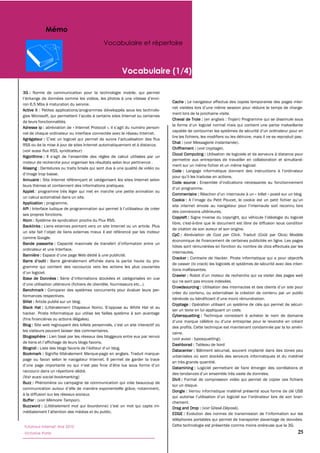 Mémo
                                             Vocabulaire et répertoire



                                                       Vocabulaire (1/4)

3G : Norme de communication pour la technologie mobile, qui permet

                                                                                Cache : Le navigateur effectue des copies temporaires des pages inter-
ron 6,5 Mbs à maturation du service.
Active X
                                                                                ment lors de la prochaine visite.
                                                                                Cheval de Troie : (en anglais : Trojan) Programme qui se dissimule sous
de leurs fonctionnalités.
Adresse ip :                  Internet Protocol
nel de chaque ordinateur ou interface connectée avec le réseau Internet.
                                                                                lire les fichiers, les modifiers ou les détruire, mais il ne se reproduit pas.
Agrégateur :
                                                                                Chat : (voir Messagerie instantanée).
RSS ou de la mise à jour de sites Internet automatiquement et à distance.
                                                                                Chiffrement : (voir cryptage).
(voir aussi flux RSS, syndicateur)
                                                                                Cloud Computing :
Algorithme :
                                                                                permettre aux entreprises de travailler en collaboration et simultané-
moteur de recherche pour organiser les résultats selon leur pertinence .
                                                                                ment sur un même fichier et un même logiciel.
Aliasing
                                                                                Code :

Annuaire :
                                                                                Code source :
leurs thèmes et contiennent des informations pratiques.
Applet
                                                                                Commentaire :                                      billet
un calcul automatisé dans un site.
                                                                                Cookie :
Application : programme.
API :
                                                                                des connexions ultérieures.
ses propres fonctions.
                                                                                Copyleft :
Atom :
                                                                                libre, c'est-à-dire que le document est libre de diffusion sous condition
Backlinks : Liens externes pointant vers un site Internet ou un article. Plus
                                                                                de citation de son auteur et son origine.
                                                                                CpC : Abréviation de Cost per Click
comme Google.
                                                                                économique de financement de certaines publicités en ligne. Les pages
Bande passante :
                                                                                hôtes sont rémunérées en fonction du nombre de clics effectués par les
ordinateur et une Interface.
                                                                                internautes.
Bannière :
                                                                                Cracker : Contraire de Hacker. Pirate informatique qui a pour objectifs
              :
                                                                                de casser (to crack) les logiciels et systèmes de sécurité avec des inten-
gramme qui contient des raccourcis vers les actions les plus courantes
                                                                                tions malfaisantes.
                                                                                Crawler :
Base de Données :
                                                                                qui ne sont pas encore indexées.
                                                                                Crowdsourcing :
Benchmark :
                                                                                créer du contenu, ou externaliser la création de contenu par un public
formances respectives.
Billet :
                                                                                Cryptage :
Black Hat :               Chapeaux Noirs                   White Hat et au
                                                                                ser un texte en lui appliquant un code.
hacker. Pirate Informatique qui utilise les failles système à son avantage
                                                                                Cybersquatting :

Blog :
                                                                                des profits. Cette technique est maintenant condamnée par la loi améri-
les visiteurs peuvent laisser des commentaires.
                                                                                caine.
Blogosphère :
                                                                                (voir aussi : typosquatting).
                                                                                Dashborad : Tableau de bord
Blogroll :
                                                                                Datacenter :
Bookmark :                      Marque-page en anglais. Traduit marque-
                                                                                urbanisées où sont stockés des serveurs informatiques et du matériel
page ou favori selon le navigateur Internet. Il permet de garder la trace
                                                                                en très grande quantité.
                                                                                Datamining :
raccourci dans un répertoire dédié.
(Voir aussi social-bookmarking)
                                                                                DivX :
Buzz :
                                                                                sur un disque.
                                                                                Dongle :
à la diffusion sur les réseaux sociaux.
Buffer : (voir Mémoire Tampon).
                                                                                chement.
Buzzword : (Littéralement mot qui bourdonne                                     Drag and Drop :            -
                                                                                EDGE :
                                                                                téléphones portables qui permet de transporter davantage de données.
Tutoriaux Internet, Mai 2010                                                    Cette technologie est présentée comme moins onéreuse que la 3G.
Victorine Porte                                                                                                                                           25
 