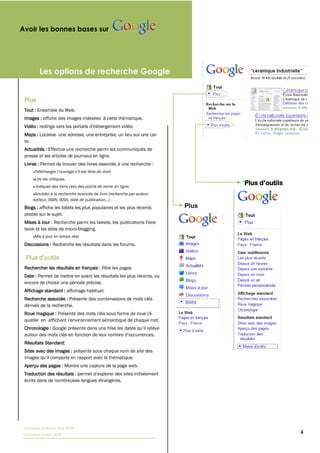 Avoir les bonnes bases sur




            Les options de recherche Google


 Plus    
 Tout : Ensemble du Web.
 Images : affiche des images indexées à cette thématique.
 Vidéo :
 Maps : Localise une adresse, une entreprise, un lieu sur une car-
 te.
 Actualités : Effectue une recherche parmi les communiqués de
 presse et les articles de journaux en ligne.
 Livres : Permet de trouver des livres associés à une recherche :


      Lire les critiques.
       Indiquer des liens vers des points de vente en ligne.
      Accéder à la recherche avancée de livre (recherche par auteur,


 Blogs : affiche les billets les plus populaires et les plus récents   Plus
 postés sur le sujet.
 Mises à Jour : Recherche parmi les tweets, les publications Face-
 book et les sites de micro-blogging.
      Mis à jour en temps réel.
 Discussions : Recherche les résultats dans les forums.



 Rechercher les résultats en français : filtre les pages
 Date : Permet de mettre en avant les résultats les plus récents, ou
 encore de choisir une période précise.
 Affichage standard : affichage habituel.
 Recherche associée : Présente des combinaisons de mots clés
 dérivés de la recherche.
 Roue magique : Présente des mots clés sous forme de roue cli-

 Chronologie :


 Résultats Standard:
 Sites avec des images : présente sous chaque nom de site des


 Aperçu des pages : Montre une capture de la page web.
 Traduction des résultats :
 écrits dans de nombreuses langues étrangères.




 Tutoriaux Internet, Mai 2010
 Victorine Porte, 2010
                                                                              4
 