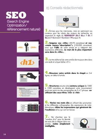 15 Conseils rédactionnels 
SEO 
1.Écrivez pour les internautes, mais en optimisant vos 
contenus pour les robots des moteurs de recherche, en 
respectant la règle du QQOQCCP (Qui? Quoi ? Où ? 
Quand ? Comment ? Combien ? Pourquoi ?) 
2.Soignez vos <title> (50-70 caractères) et vos 
<meta name=”description”> (150-200 caractères) 
ainsi que l’URL de votre article en y intégrant des 
expressions différentes. Le mot clé le plus important 
sera dans le <title>. 
3.Le titre éditorial de votre article doit toujours être dans 
une seule et unique balise <h1> 
4.Résumez votre article dans le chapô en 3-4 
lignes, en début d’article. 
5.Structurez ensuite votre contenu unique de 1000 
à 1500 caractères en développant votre raisonnement 
point par point via des paragraphes de 5 à 7 phrases en 
utilisant des sous-titres <h2> à <h6> 
6. Variez vos mots clés en utilisant des synonymes 
et les différentes orthographes des expressions de votre 
thématique, ciblez les expressions qui génèrent de 
l’audience et/ou qui sont en baisse. 
7. Ne cherchez pas le 
"nombre d'or" pour la densité 
de mots clés à intégrer dans vos 
articles, restez simplement 
intelligible. 
(Search Engine 
Optimization/ 
référencement naturel) 
14 
 