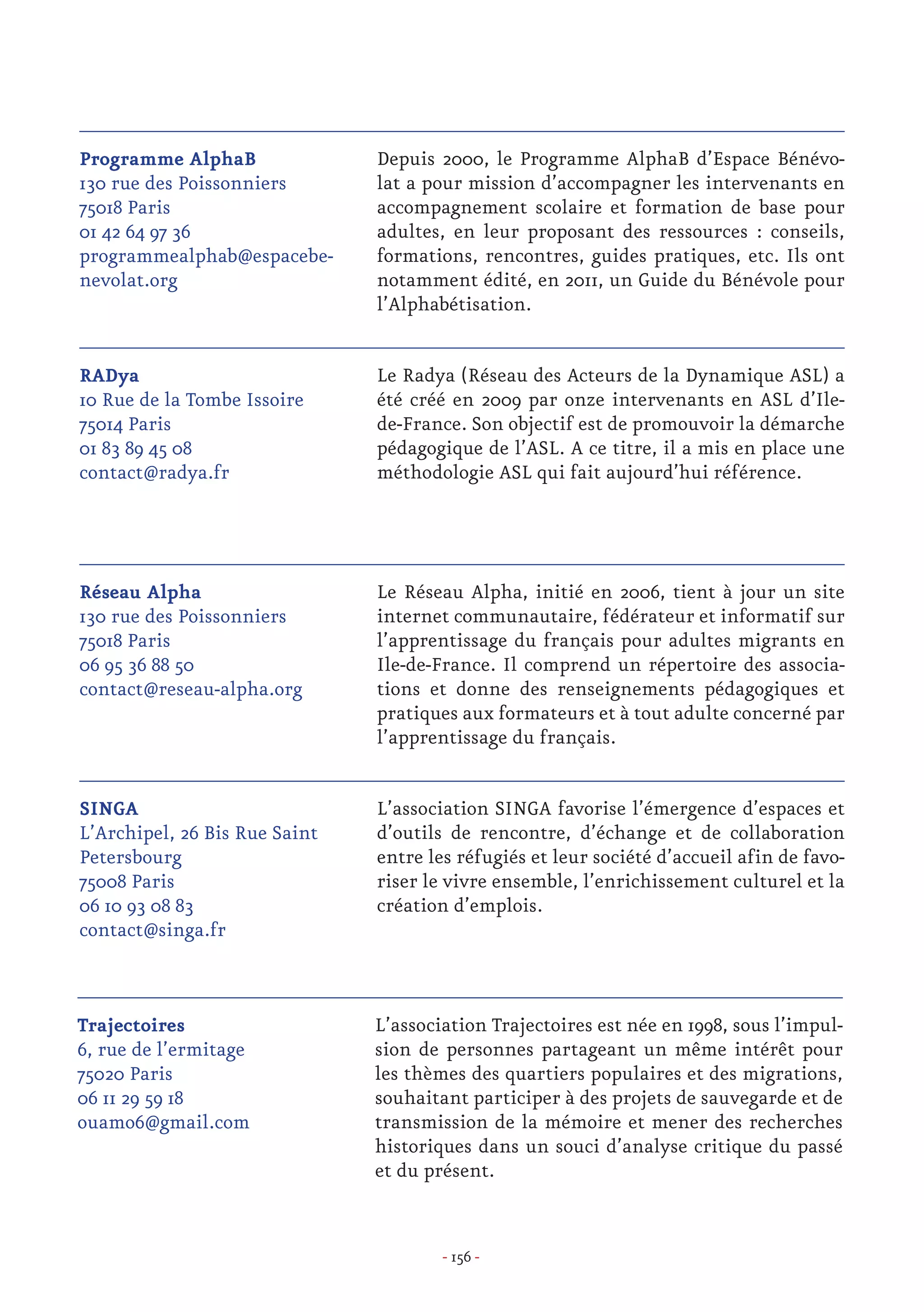 - 156 -
Depuis 2000, le Programme AlphaB d’Espace Bénévo-
lat a pour mission d’accompagner les intervenants en
accompagnement scolaire et formation de base pour
adultes, en leur proposant des ressources : conseils,
formations, rencontres, guides pratiques, etc. Ils ont
notamment édité, en 2011, un Guide du Bénévole pour
l’Alphabétisation.
Programme AlphaB
130 rue des Poissonniers
75018 Paris	
01 42 64 97 36	
programmealphab@espacebe-
nevolat.org
Le Radya (Réseau des Acteurs de la Dynamique ASL) a
été créé en 2009 par onze intervenants en ASL d’Ile-
de-France. Son objectif est de promouvoir la démarche
pédagogique de l’ASL. A ce titre, il a mis en place une
méthodologie ASL qui fait aujourd’hui référence.
RADya	
10 Rue de la Tombe Issoire
75014 Paris	
01 83 89 45 08	
contact@radya.fr
Le Réseau Alpha, initié en 2006, tient à jour un site
internet communautaire, fédérateur et informatif sur
l’apprentissage du français pour adultes migrants en
Ile-de-France. Il comprend un répertoire des associa-
tions et donne des renseignements pédagogiques et
pratiques aux formateurs et à tout adulte concerné par
l’apprentissage du français.
Réseau Alpha	
130 rue des Poissonniers
75018 Paris	
06 95 36 88 50	
contact@reseau-alpha.org
L’association SINGA favorise l’émergence d’espaces et
d’outils de rencontre, d’échange et de collaboration
entre les réfugiés et leur société d’accueil afin de favo-
riser le vivre ensemble, l’enrichissement culturel et la
création d’emplois.
SINGA	
L’Archipel, 26 Bis Rue Saint
Petersbourg
75008 Paris
06 10 93 08 83	
contact@singa.fr
L’association Trajectoires est née en 1998, sous l’impul-
sion de personnes partageant un même intérêt pour
les thèmes des quartiers populaires et des migrations,
souhaitant participer à des projets de sauvegarde et de
transmission de la mémoire et mener des recherches
historiques dans un souci d’analyse critique du passé
et du présent.
Trajectoires	
6, rue de l’ermitage
75020 Paris 	
06 11 29 59 18 	
ouamo6@gmail.com
 