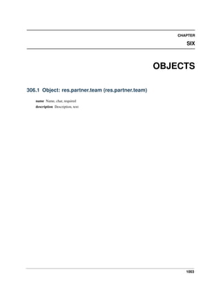 1003
CHAPTER
SIX
OBJECTS
306.1 Object: res.partner.team (res.partner.team)
name Name, char, required
description Description, text
 
