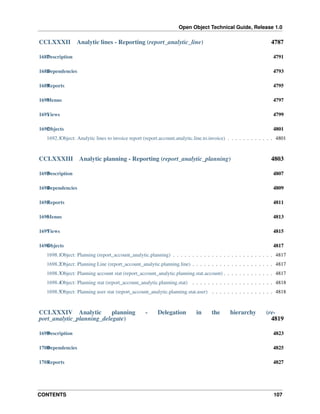 Open Object Technical Guide, Release 1.0
CONTENTS 107
CCLXXXII Analytic lines - Reporting (report_analytic_line) 4787
1687Description 4791
1688Dependencies 4793
1689Reports 4795
1690Menus 4797
1691Views 4799
1692Objects 4801
1692.1Object: Analytic lines to invoice report (report.account.analytic.line.to.invoice) . . . . . . . . . . . . 4801
CCLXXXIII Analytic planning - Reporting (report_analytic_planning) 4803
1693Description 4807
1694Dependencies 4809
1695Reports 4811
1696Menus 4813
1697Views 4815
1698Objects 4817
1698.1Object: Planning (report_account_analytic.planning) . . . . . . . . . . . . . . . . . . . . . . . . . . 4817
1698.2Object: Planning Line (report_account_analytic.planning.line) . . . . . . . . . . . . . . . . . . . . . 4817
1698.3Object: Planning account stat (report_account_analytic.planning.stat.account) . . . . . . . . . . . . . 4817
1698.4Object: Planning stat (report_account_analytic.planning.stat) . . . . . . . . . . . . . . . . . . . . . 4818
1698.5Object: Planning user stat (report_account_analytic.planning.stat.user) . . . . . . . . . . . . . . . . 4818
CCLXXXIV Analytic planning - Delegation in the hierarchy (re-
port_analytic_planning_delegate) 4819
1699Description 4823
1700Dependencies 4825
1701Reports 4827
 