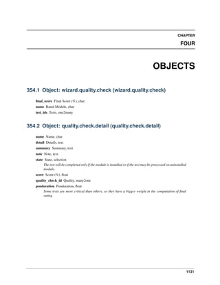 1131
CHAPTER
FOUR
OBJECTS
354.1 Object: wizard.quality.check (wizard.quality.check)
ﬁnal_score Final Score (%), char
name Rated Module, char
test_ids Tests, one2many
354.2 Object: quality.check.detail (quality.check.detail)
name Name, char
detail Details, text
summary Summary, text
note Note, text
state State, selection
The test will be completed only if the module is installed or if the test may be processed on uninstalled
module.
score Score (%), ﬂoat
quality_check_id Quality, many2one
ponderation Ponderation, ﬂoat
Some tests are more critical than others, so they have a bigger weight in the computation of ﬁnal
rating
 
