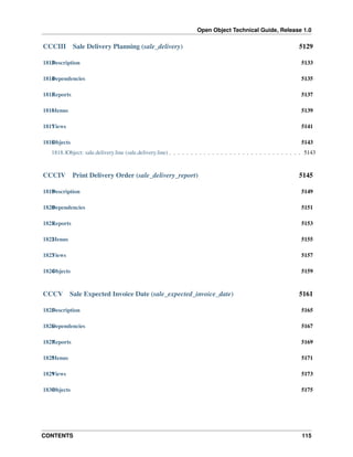 Open Object Technical Guide, Release 1.0
CONTENTS 115
CCCIII Sale Delivery Planning (sale_delivery) 5129
1813Description 5133
1814Dependencies 5135
1815Reports 5137
1816Menus 5139
1817Views 5141
1818Objects 5143
1818.1Object: sale.delivery.line (sale.delivery.line) . . . . . . . . . . . . . . . . . . . . . . . . . . . . . . . 5143
CCCIV Print Delivery Order (sale_delivery_report) 5145
1819Description 5149
1820Dependencies 5151
1821Reports 5153
1822Menus 5155
1823Views 5157
1824Objects 5159
CCCV Sale Expected Invoice Date (sale_expected_invoice_date) 5161
1825Description 5165
1826Dependencies 5167
1827Reports 5169
1828Menus 5171
1829Views 5173
1830Objects 5175
 