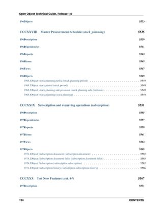 Open Object Technical Guide, Release 1.0
124 CONTENTS
1962Objects 5533
CCCXXVIII Master Procurement Schedule (stock_planning) 5535
1963Description 5539
1964Dependencies 5541
1965Reports 5543
1966Menus 5545
1967Views 5547
1968Objects 5549
1968.1Object: stock.planning.period (stock.planning.period) . . . . . . . . . . . . . . . . . . . . . . . . . 5549
1968.2Object: stock.period (stock.period) . . . . . . . . . . . . . . . . . . . . . . . . . . . . . . . . . . . 5549
1968.3Object: stock.planning.sale.prevision (stock.planning.sale.prevision) . . . . . . . . . . . . . . . . . . 5549
1968.4Object: stock.planning (stock.planning) . . . . . . . . . . . . . . . . . . . . . . . . . . . . . . . . . 5549
CCCXXIX Subscription and recurring operations (subscription) 5551
1969Description 5555
1970Dependencies 5557
1971Reports 5559
1972Menus 5561
1973Views 5563
1974Objects 5565
1974.1Object: Subscription document (subscription.document) . . . . . . . . . . . . . . . . . . . . . . . . 5565
1974.2Object: Subscription document ﬁelds (subscription.document.ﬁelds) . . . . . . . . . . . . . . . . . . 5565
1974.3Object: Subscription (subscription.subscription) . . . . . . . . . . . . . . . . . . . . . . . . . . . . 5565
1974.4Object: Subscription history (subscription.subscription.history) . . . . . . . . . . . . . . . . . . . . 5566
CCCXXX Test New Features (test_44) 5567
1975Description 5571
 