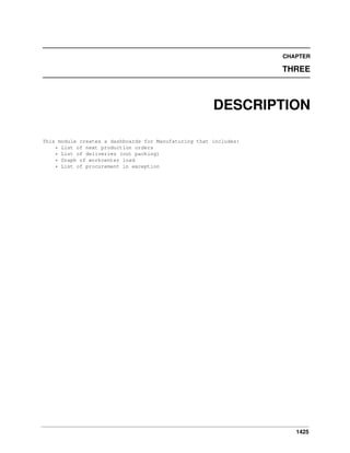 1425
CHAPTER
THREE
DESCRIPTION
This module creates a dashboards for Manufaturing that includes:
* List of next production orders
* List of deliveries (out packing)
* Graph of workcenter load
* List of procurement in exception
 