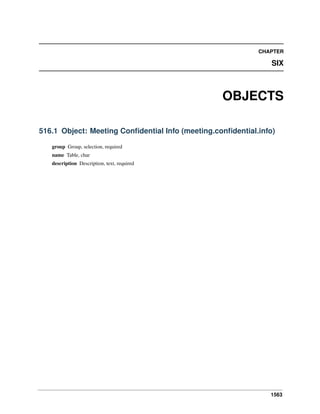 1563
CHAPTER
SIX
OBJECTS
516.1 Object: Meeting Conﬁdential Info (meeting.conﬁdential.info)
group Group, selection, required
name Table, char
description Description, text, required
 