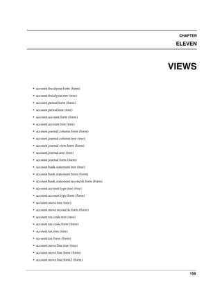 159
CHAPTER
ELEVEN
VIEWS
• account.ﬁscalyear.form (form)
• account.ﬁscalyear.tree (tree)
• account.period.form (form)
• account.period.tree (tree)
• account.account.form (form)
• account.account.tree (tree)
• account.journal.column.form (form)
• account.journal.column.tree (tree)
• account.journal.view.form (form)
• account.journal.tree (tree)
• account.journal.form (form)
• account.bank.statement.tree (tree)
• account.bank.statement.form (form)
• account.bank.statement.reconcile.form (form)
• account.account.type.tree (tree)
• account.account.type.form (form)
• account.move.tree (tree)
• account.move.reconcile.form (form)
• account.tax.code.tree (tree)
• account.tax.code.form (form)
• account.tax.tree (tree)
• account.tax.form (form)
• account.move.line.tree (tree)
• account.move.line.form (form)
• account.move.line.form2 (form)
 
