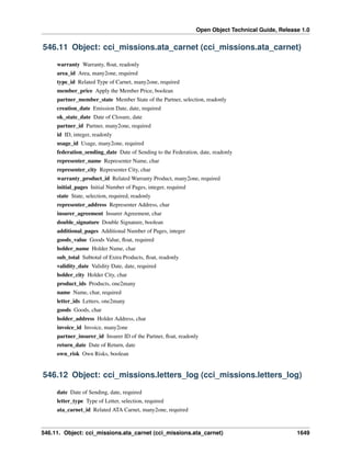 Open Object Technical Guide, Release 1.0
546.11. Object: cci_missions.ata_carnet (cci_missions.ata_carnet) 1649
546.11 Object: cci_missions.ata_carnet (cci_missions.ata_carnet)
warranty Warranty, ﬂoat, readonly
area_id Area, many2one, required
type_id Related Type of Carnet, many2one, required
member_price Apply the Member Price, boolean
partner_member_state Member State of the Partner, selection, readonly
creation_date Emission Date, date, required
ok_state_date Date of Closure, date
partner_id Partner, many2one, required
id ID, integer, readonly
usage_id Usage, many2one, required
federation_sending_date Date of Sending to the Federation, date, readonly
representer_name Representer Name, char
representer_city Representer City, char
warranty_product_id Related Warranty Product, many2one, required
initial_pages Initial Number of Pages, integer, required
state State, selection, required, readonly
representer_address Representer Address, char
insurer_agreement Insurer Agreement, char
double_signature Double Signature, boolean
additional_pages Additional Number of Pages, integer
goods_value Goods Value, ﬂoat, required
holder_name Holder Name, char
sub_total Subtotal of Extra Products, ﬂoat, readonly
validity_date Validity Date, date, required
holder_city Holder City, char
product_ids Products, one2many
name Name, char, required
letter_ids Letters, one2many
goods Goods, char
holder_address Holder Address, char
invoice_id Invoice, many2one
partner_insurer_id Insurer ID of the Partner, ﬂoat, readonly
return_date Date of Return, date
own_risk Own Risks, boolean
546.12 Object: cci_missions.letters_log (cci_missions.letters_log)
date Date of Sending, date, required
letter_type Type of Letter, selection, required
ata_carnet_id Related ATA Carnet, many2one, required
 