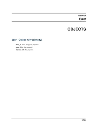 1763
CHAPTER
EIGHT
OBJECTS
588.1 Object: City (city.city)
state_id State, many2one, required
name City, char, required
zipcode ZIP, char, required
 