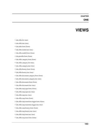 1993
CHAPTER
ONE
VIEWS
• dm.offer.list (tree)
• dm.offer.tree (tree)
• dm.offer.form (form)
• dm.offer.model.tree (tree)
• dm.offer.model.form (form)
• dm.preoffer.form (form)
• dm.offer.category.form (form)
• dm.offer.category.list (tree)
• dm.offer.category.tree (tree)
• dm.offer.history.form (form)
• dm.offer.history.tree (tree)
• dm.offer.document.category.form (form)
• dm.offer.document.category.tree (tree)
• dm.offer.document.form (form)
• dm.offer.document.tree (tree)
• dm.offer.step.type.form (form)
• dm.offer.step.type.tree (tree)
• dm.offer.step.tree (tree)
• dm.offer.step.form (form)
• dm.offer.step.transition.trigger.form (form)
• dm.offer.step.transition.trigger.tree (tree)
• dm.offer.step.history.form (form)
• dm.offer.step.history.tree (tree)
• dm.offer.step.item.tree (tree)
• dm.offer.step.item.form (form)
 