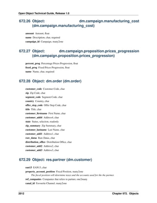 Open Object Technical Guide, Release 1.0
2012 Chapter 672. Objects
672.26 Object: dm.campaign.manufacturing_cost
(dm.campaign.manufacturing_cost)
amount Amount, ﬂoat
name Description, char, required
campaign_id Campaign, many2one
672.27 Object: dm.campaign.proposition.prices_progression
(dm.campaign.proposition.prices_progression)
percent_prog Percentage Prices Progression, ﬂoat
ﬁxed_prog Fixed Prices Progression, ﬂoat
name Name, char, required
672.28 Object: dm.order (dm.order)
customer_code Customer Code, char
zip Zip Code, char
segment_code Segment Code, char
country Country, char
offer_step_code Offer Step Code, char
title Title, char
customer_ﬁrstname First Name, char
customer_add4 Address4, char
state Status, selection, readonly
zip_summary Zip Summary, char
customer_lastname Last Name, char
customer_add1 Address1, char
raw_datas Raw Datas, char
distribution_ofﬁce Distribution Ofﬁce, char
customer_add2 Address2, char
customer_add3 Address3, char
672.29 Object: res.partner (dm.customer)
ean13 EAN13, char
property_account_position Fiscal Position, many2one
The ﬁscal position will determine taxes and the accounts used for the the partner.
ref_companies Companies that refers to partner, one2many
canal_id Favourite Channel, many2one
 