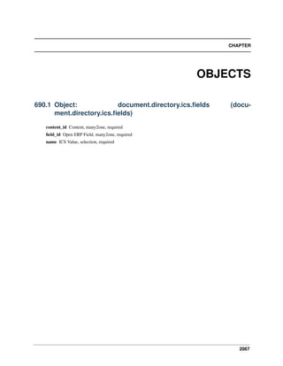 2067
CHAPTER
OBJECTS
690.1 Object: document.directory.ics.ﬁelds (docu-
ment.directory.ics.ﬁelds)
content_id Content, many2one, required
ﬁeld_id Open ERP Field, many2one, required
name ICS Value, selection, required
 